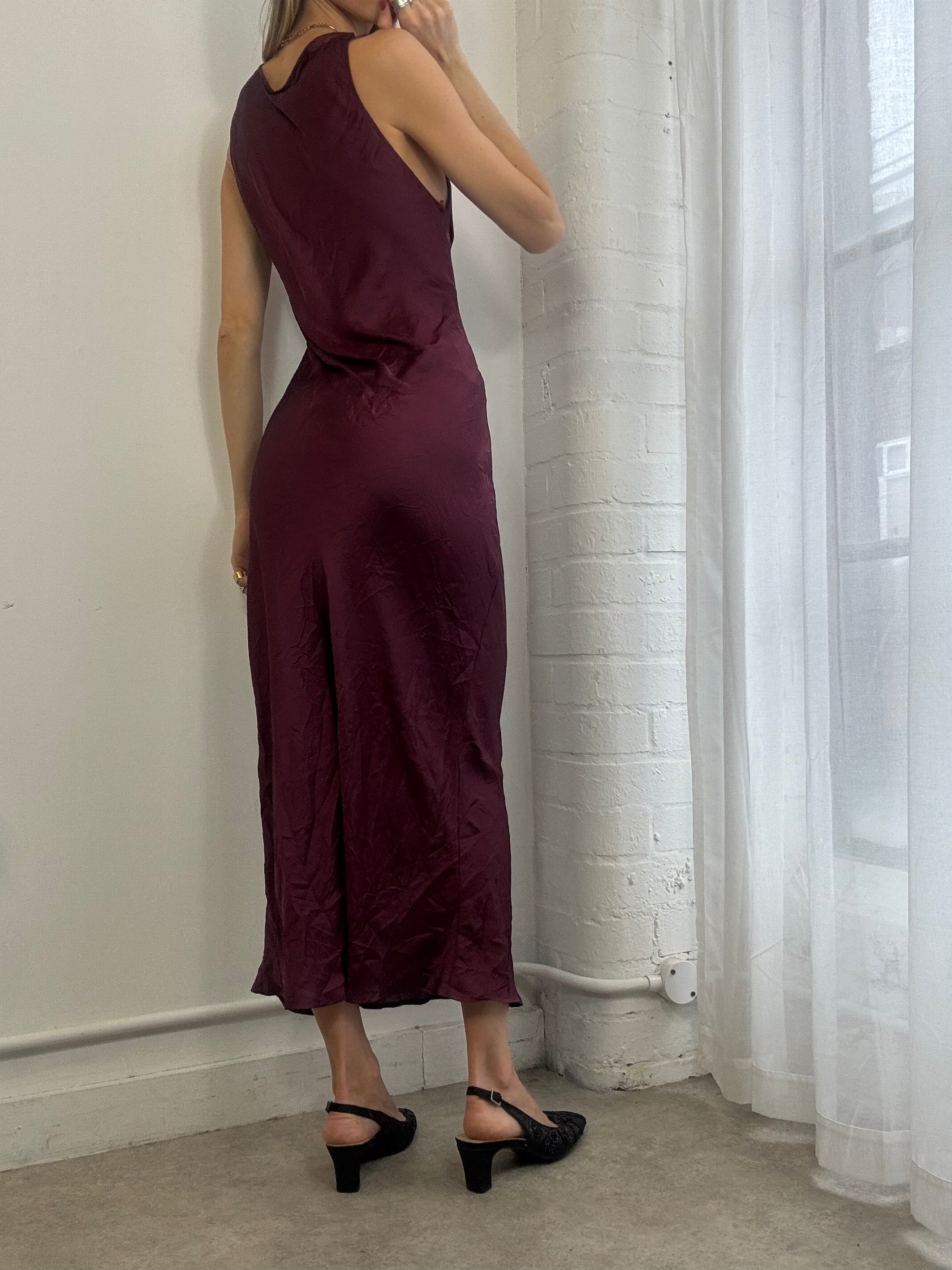Vintage Y2k Burgundy Satin Maxi Dress Minimal Going Out Evening