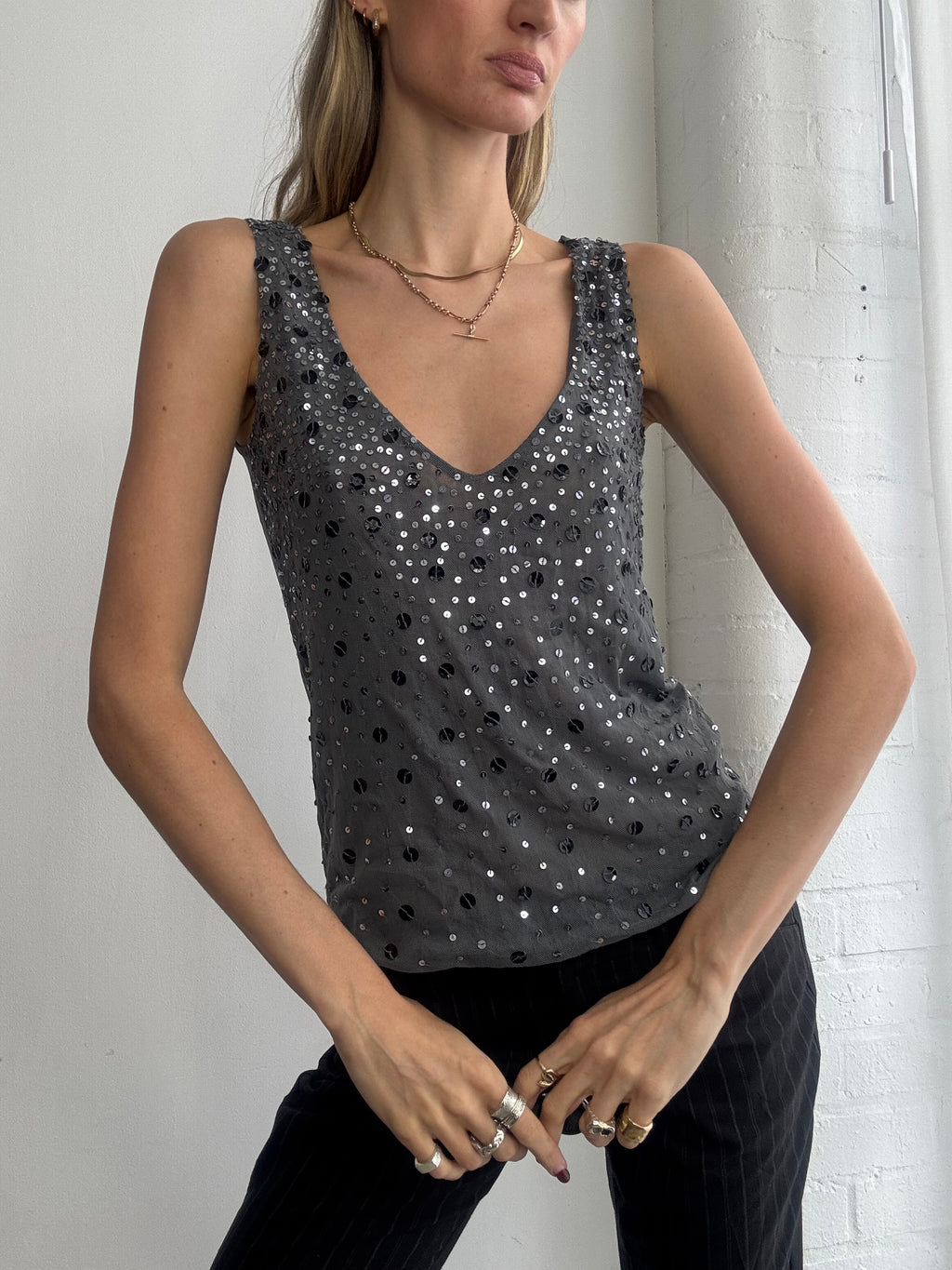 Vintage Y2K grey & silver sequin mesh tank top