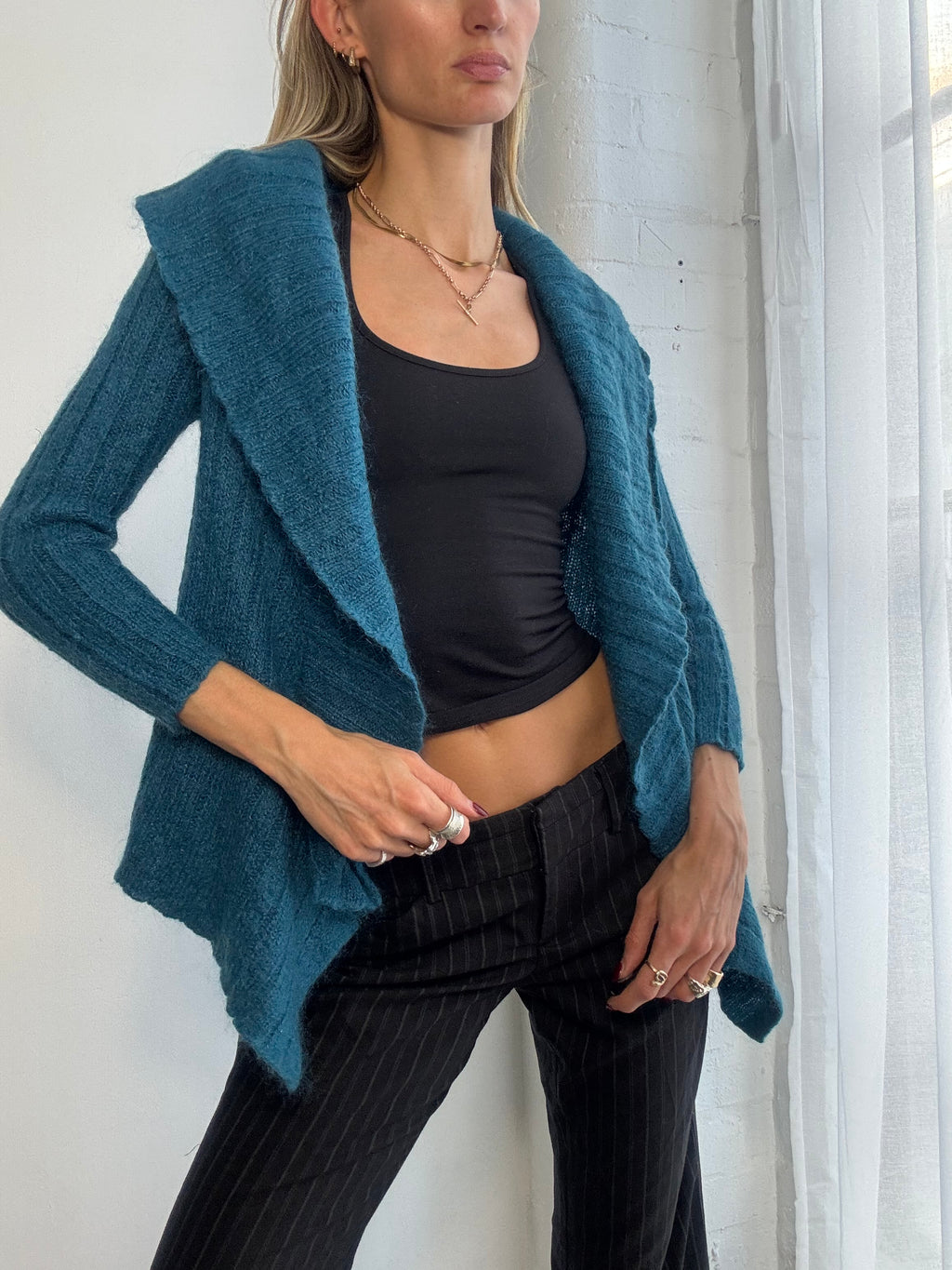 Vintage Y2K teal wool waterfall shrug