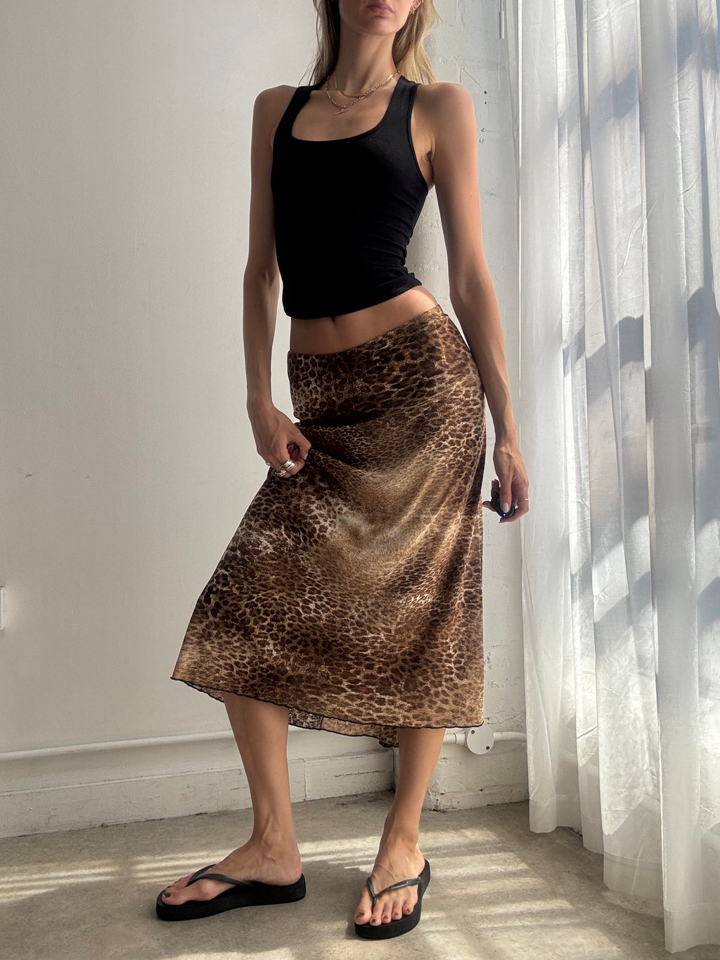 Vintage Leopard Print Mesh Midi Skirt Y2K - Size S/M