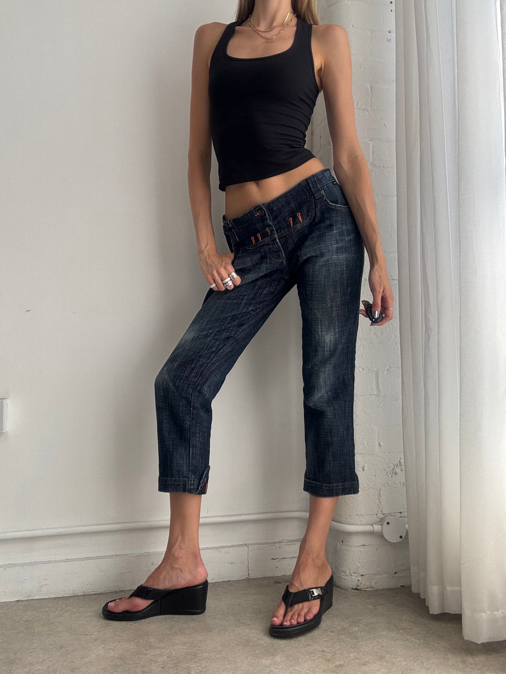 Vintage Just Cavalli Y2K Low Rise Cropped Jeans – Dark Wash Denim Capri Jeans - Size M