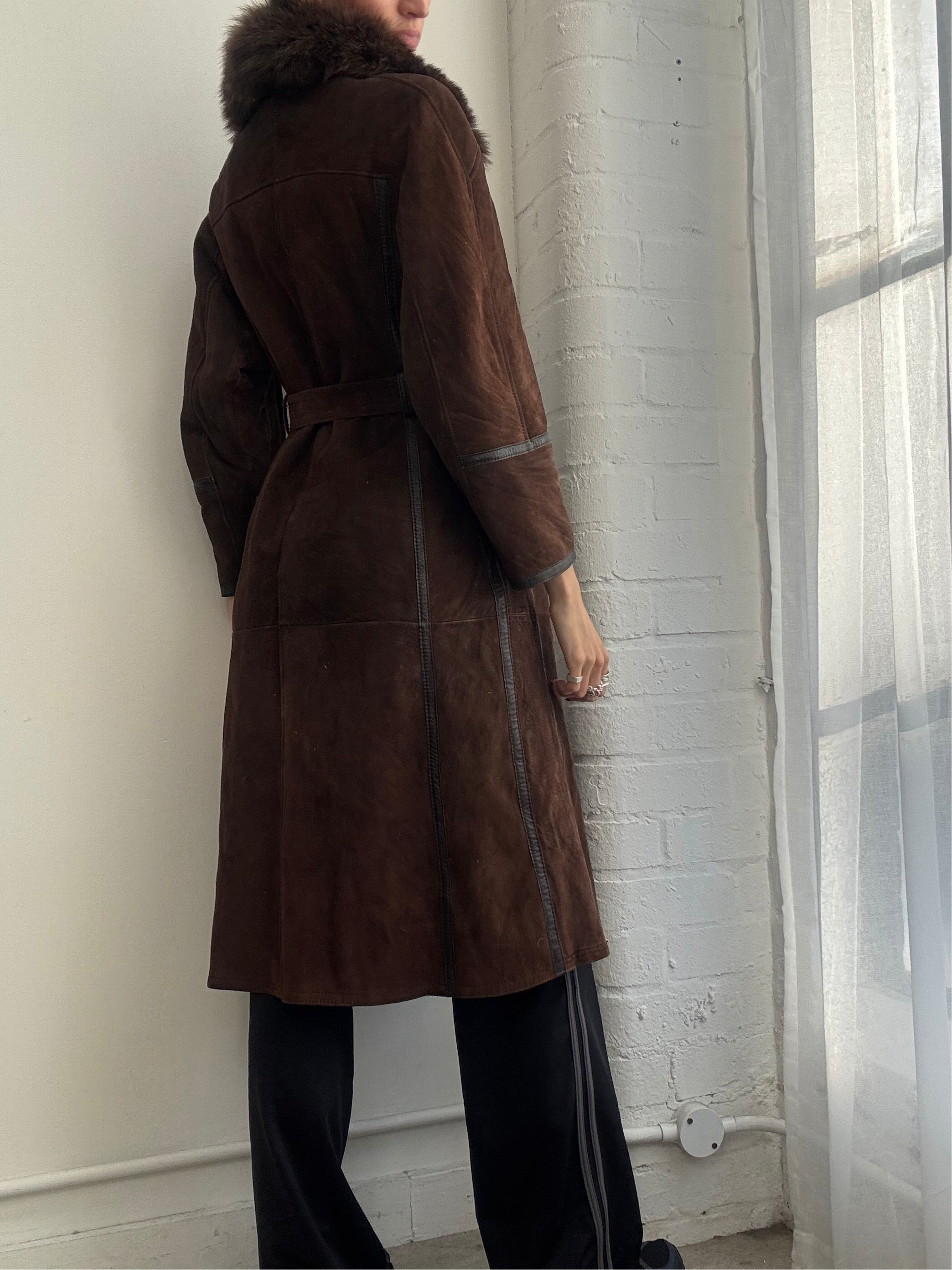 Vintage 90s brown suede sheepskin coat belted