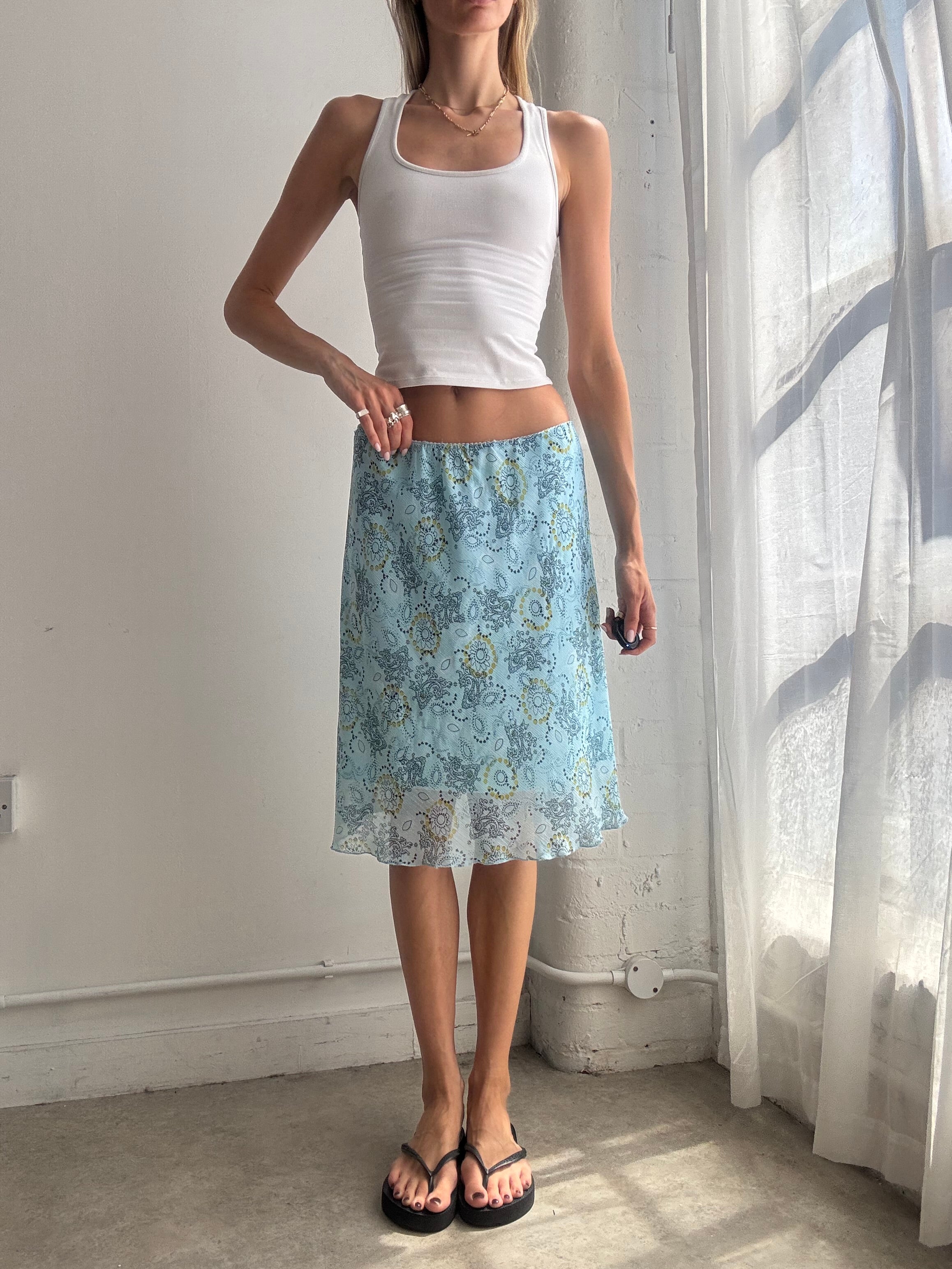 Vintage Blue Floral Mesh Midi Skirt Y2K - Size M