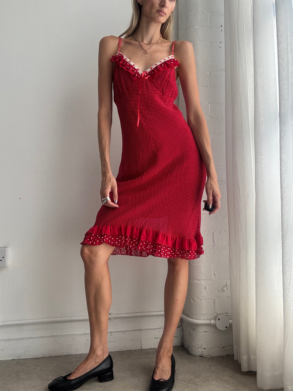Vintage Y2K Red Polka Dot Ruffle Trim Slip Midi Dress – Size M