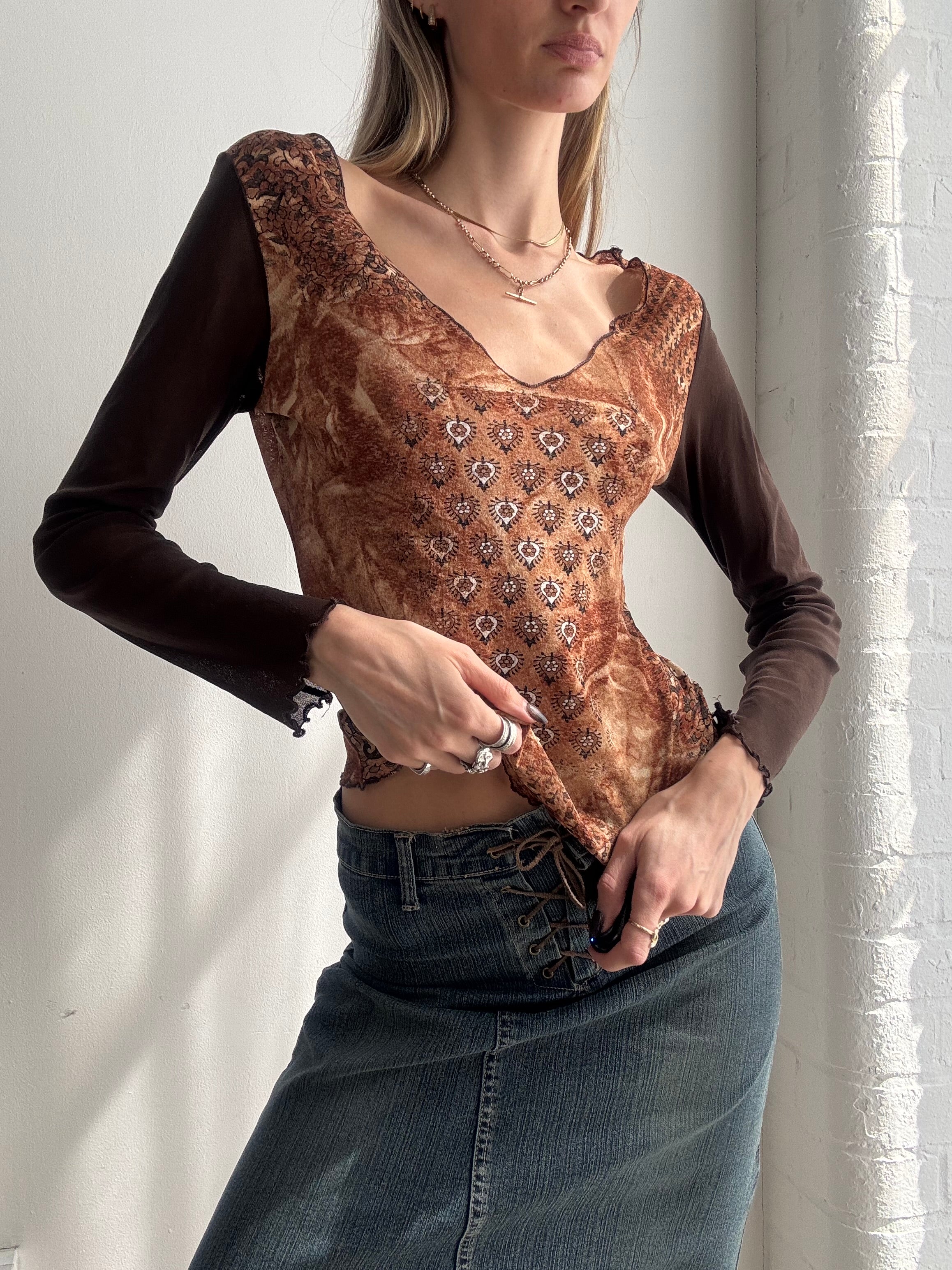 Vintage Y2K brown mesh paisley long sleeve top - Size S