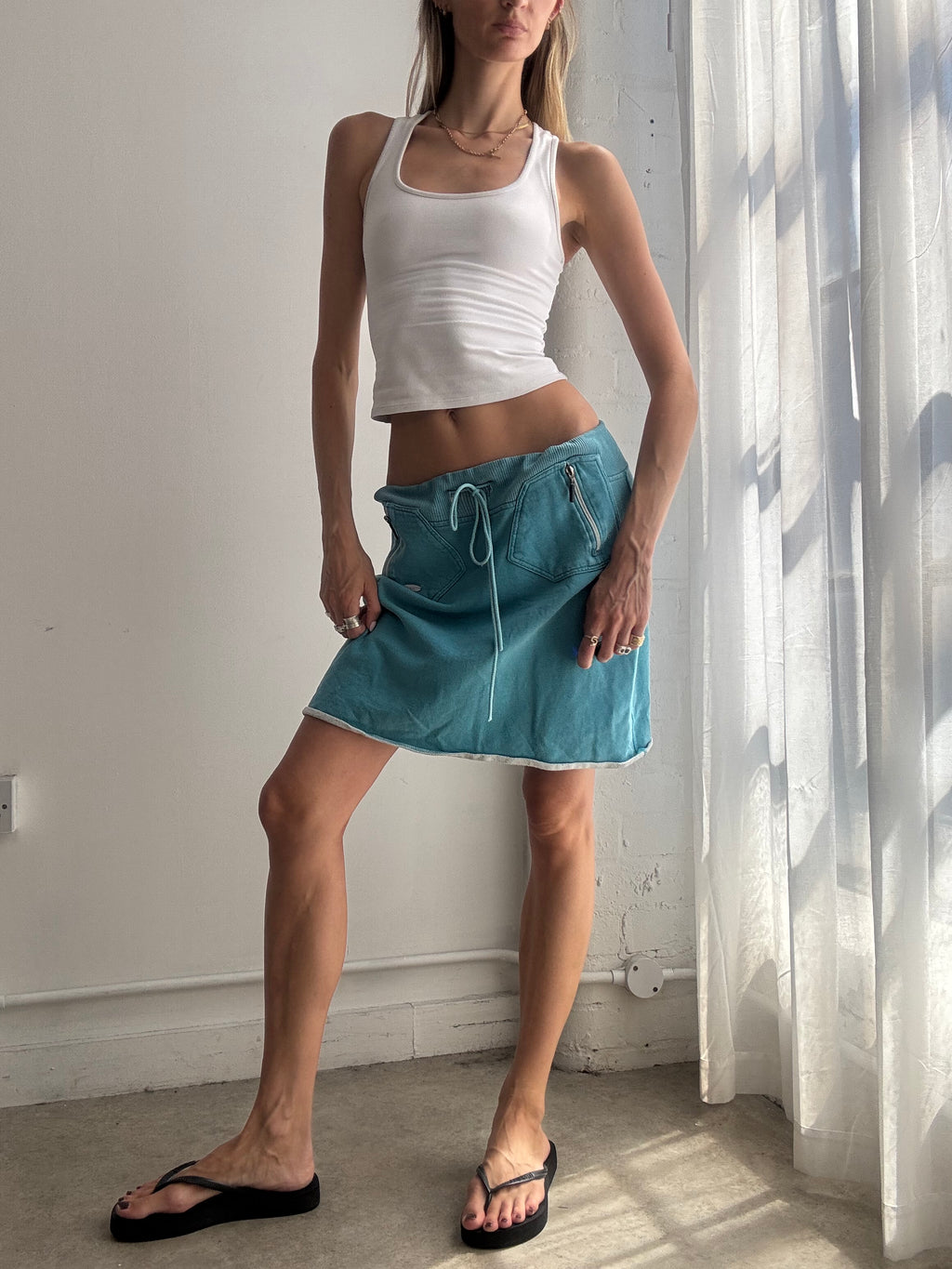 Vintage Turquoise Drawstring Midi Skirt Y2K - Size M/L