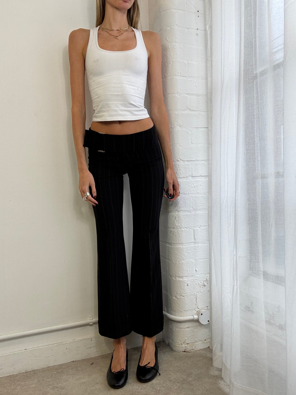 Vintage Y2K low rise black & pink pinstripe trousers