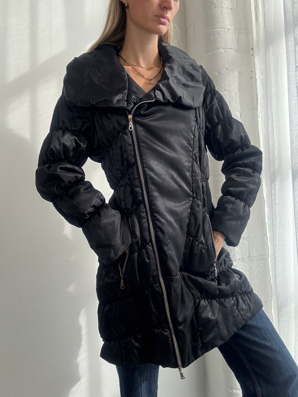 Vintage Y2K Black Longline Puffer Asymmetric Jacket - Size M