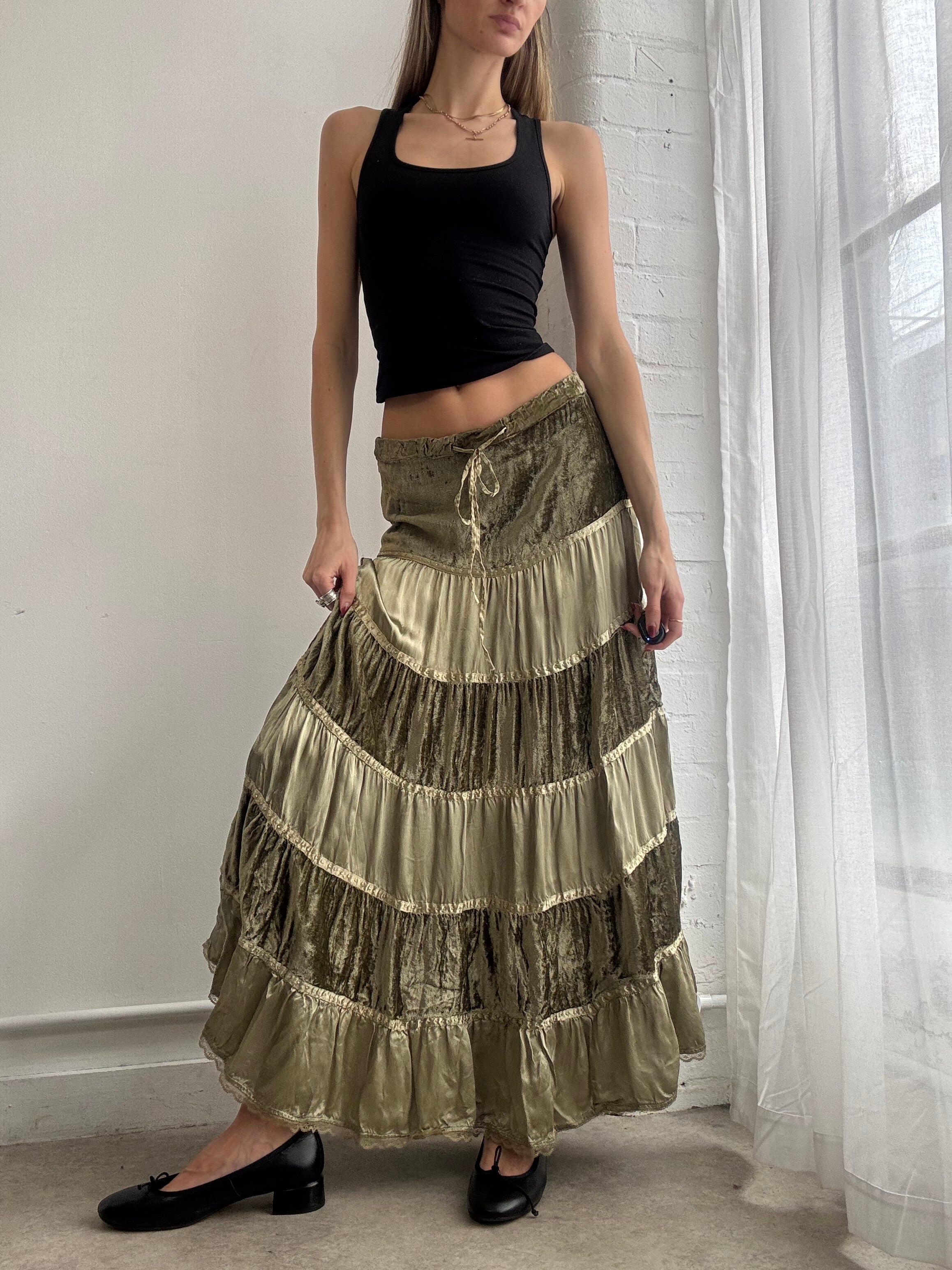 Vintage Y2K tiered olive green satin & velvet maxi skirt