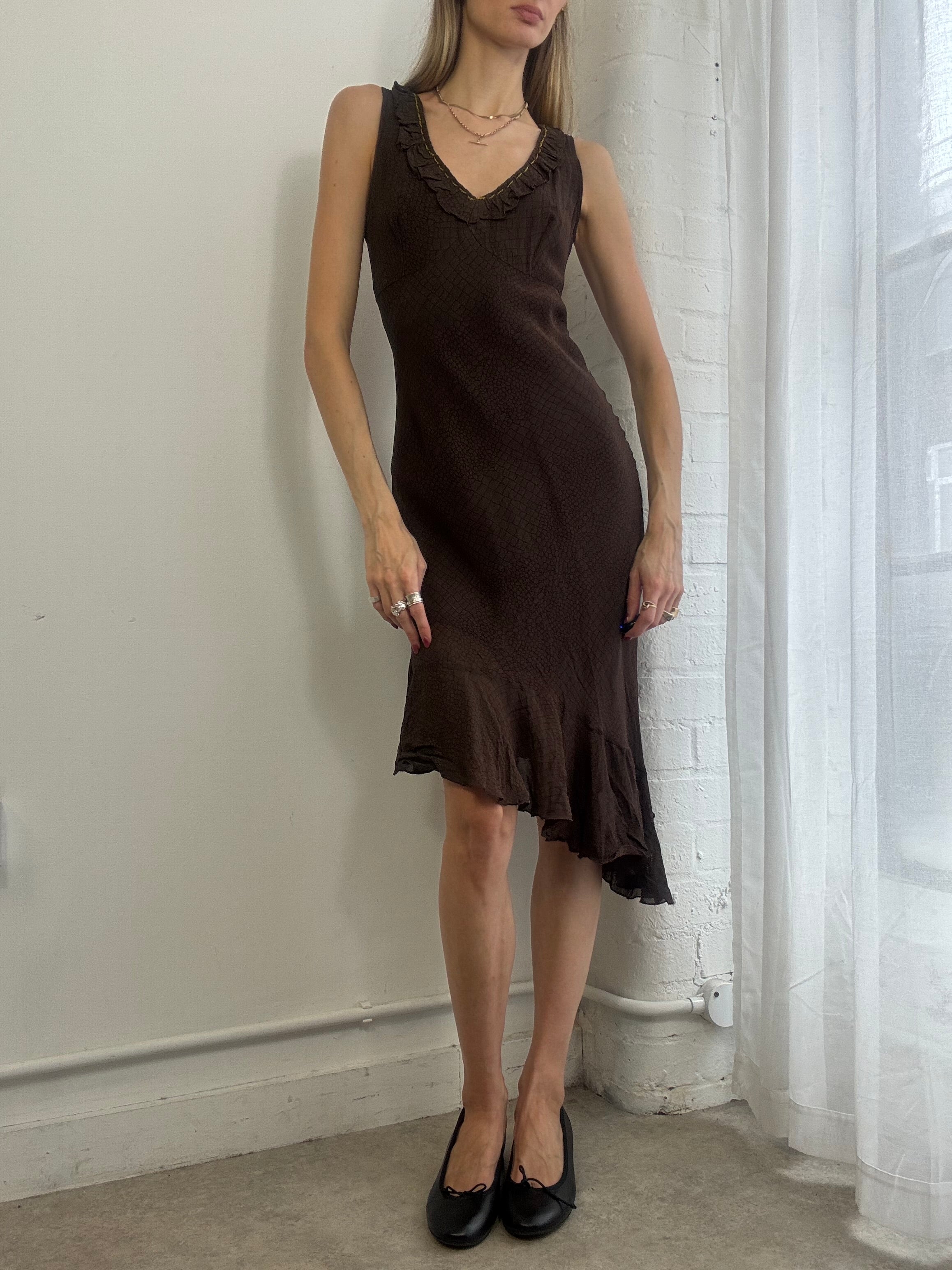 Vintage y2k Brown Asymmetric Ruffle Midi Dress Beaded
