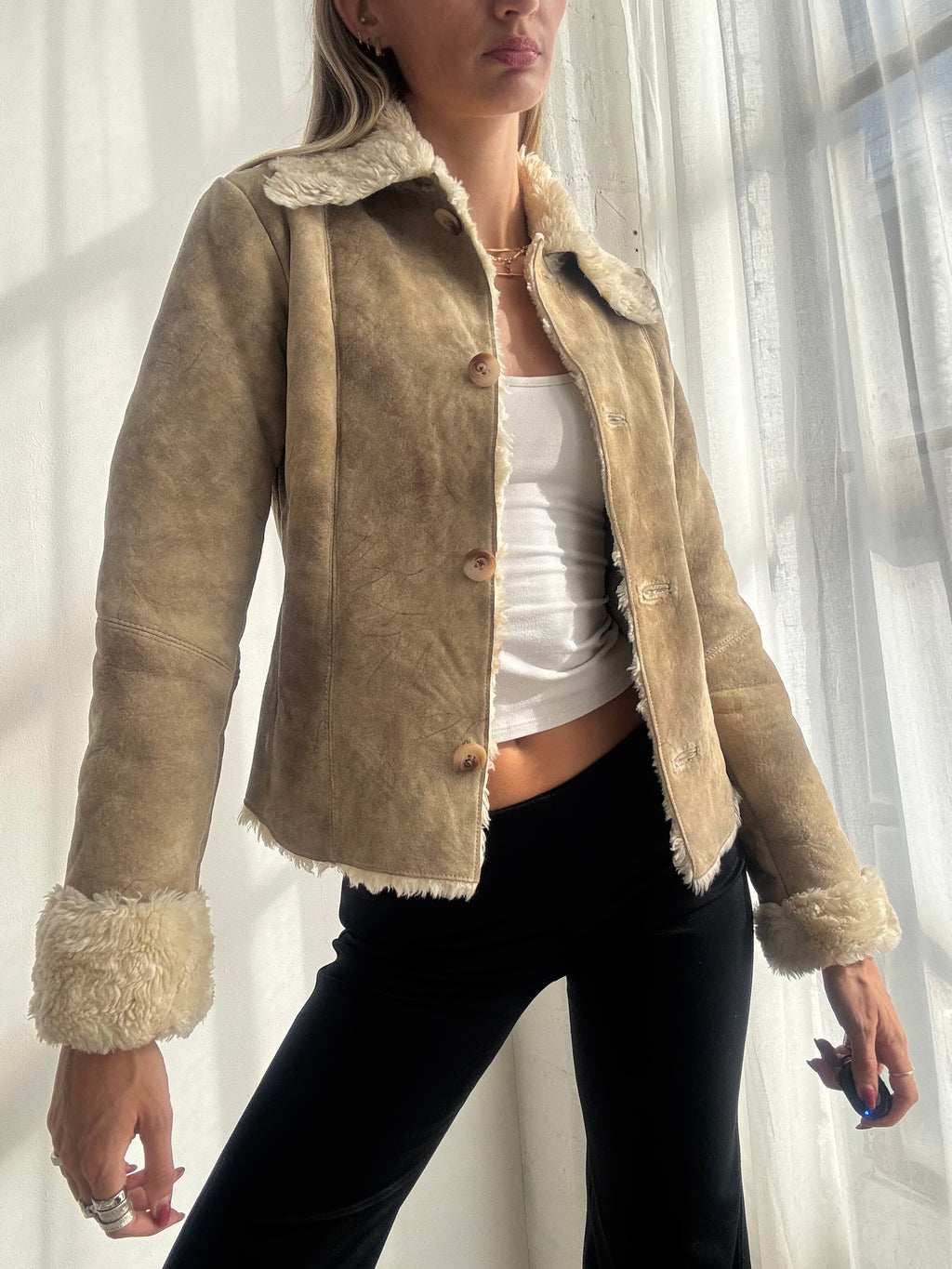 Vintage Y2K Tan Suede Faux Fur Trim Jacket - Size XS