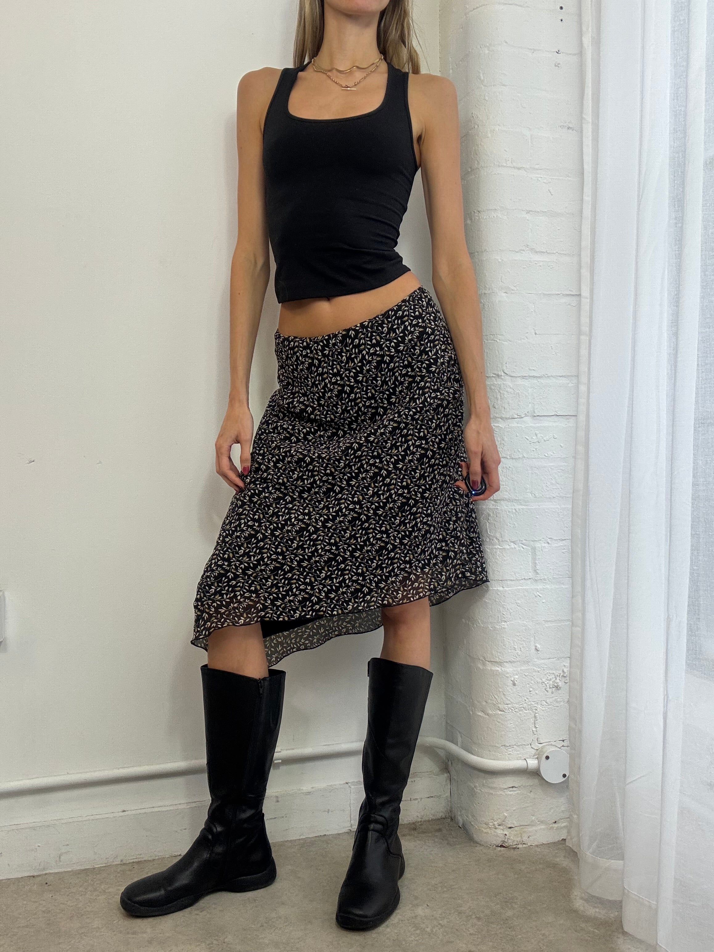 vintage Y2K floral mesh asymmetric midi skirt black