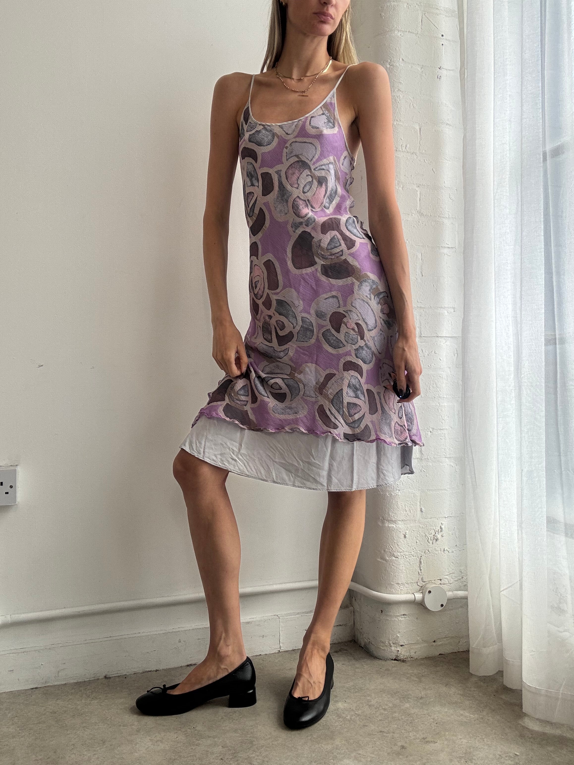 Vintage Y2K lilac silk abstract mesh slip dress - Size M