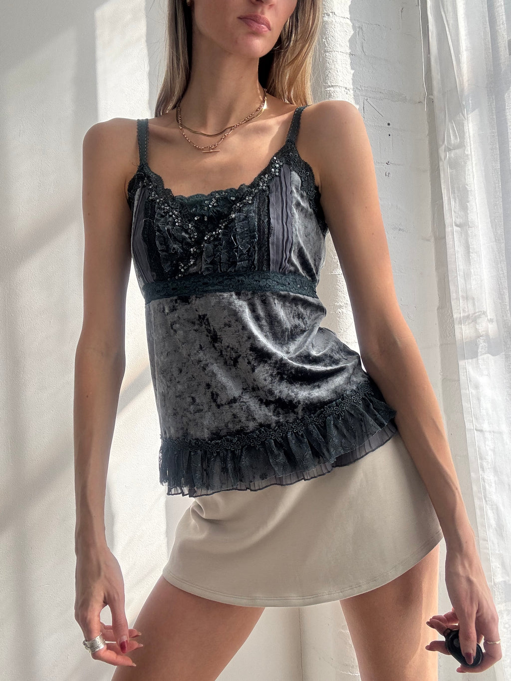Vintage Y2K midnight blue velvet lace trim beaded cami top