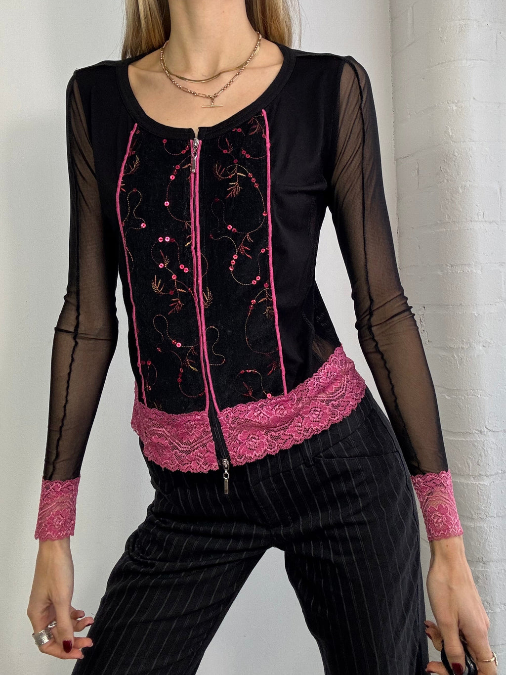 Vintage Y2K sheer mesh top with dual zip front and lace trim