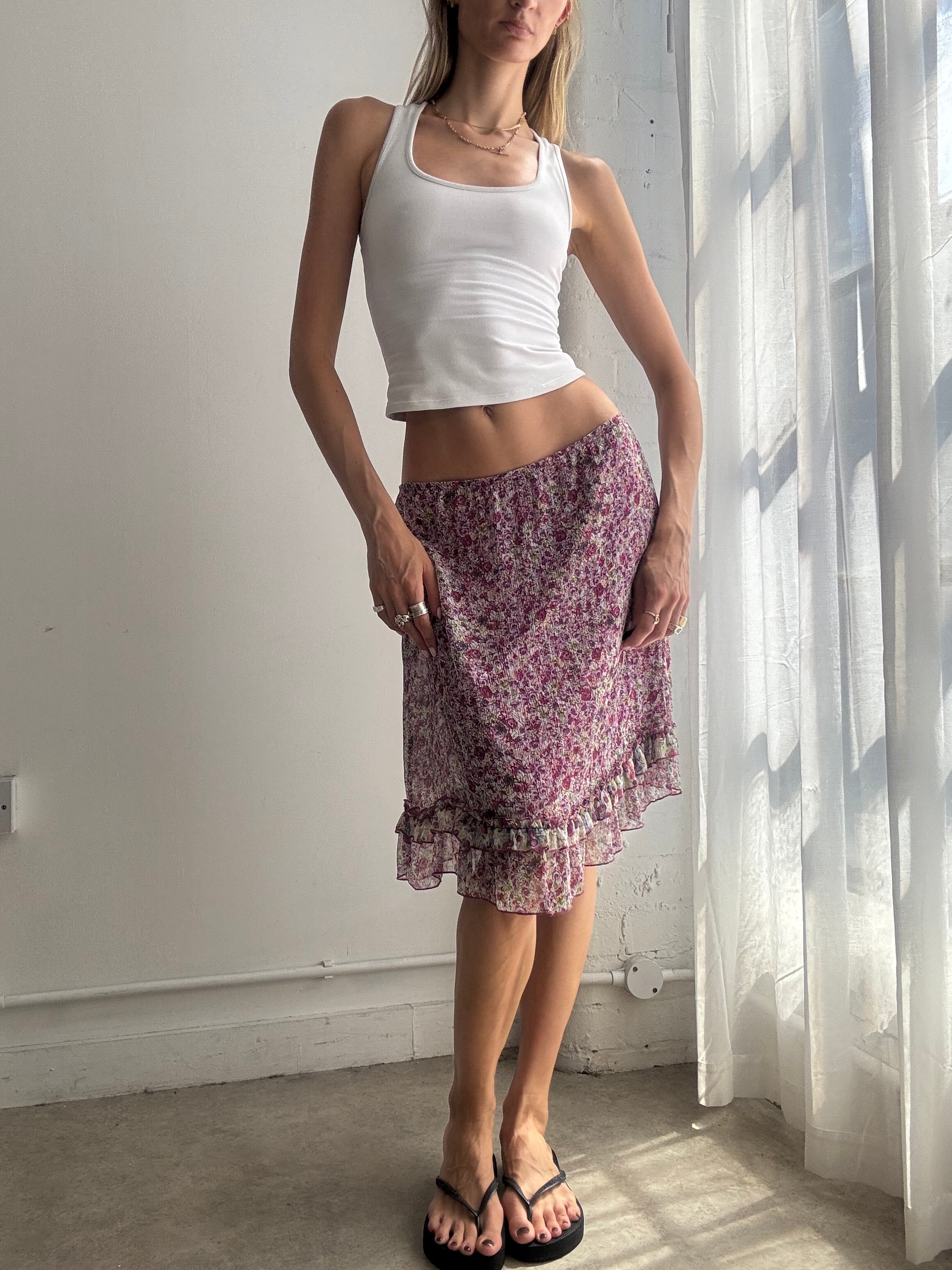 Vintage Floral Mesh Ruffle Midi Skirt Y2K - Size M