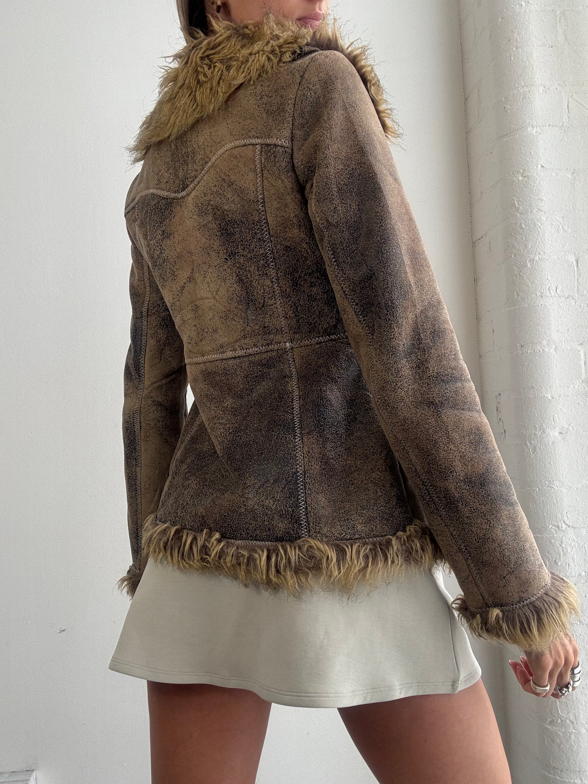 Vintage Y2K Brown Faux Fur Trim Fitted Afghan Jacket - Size S