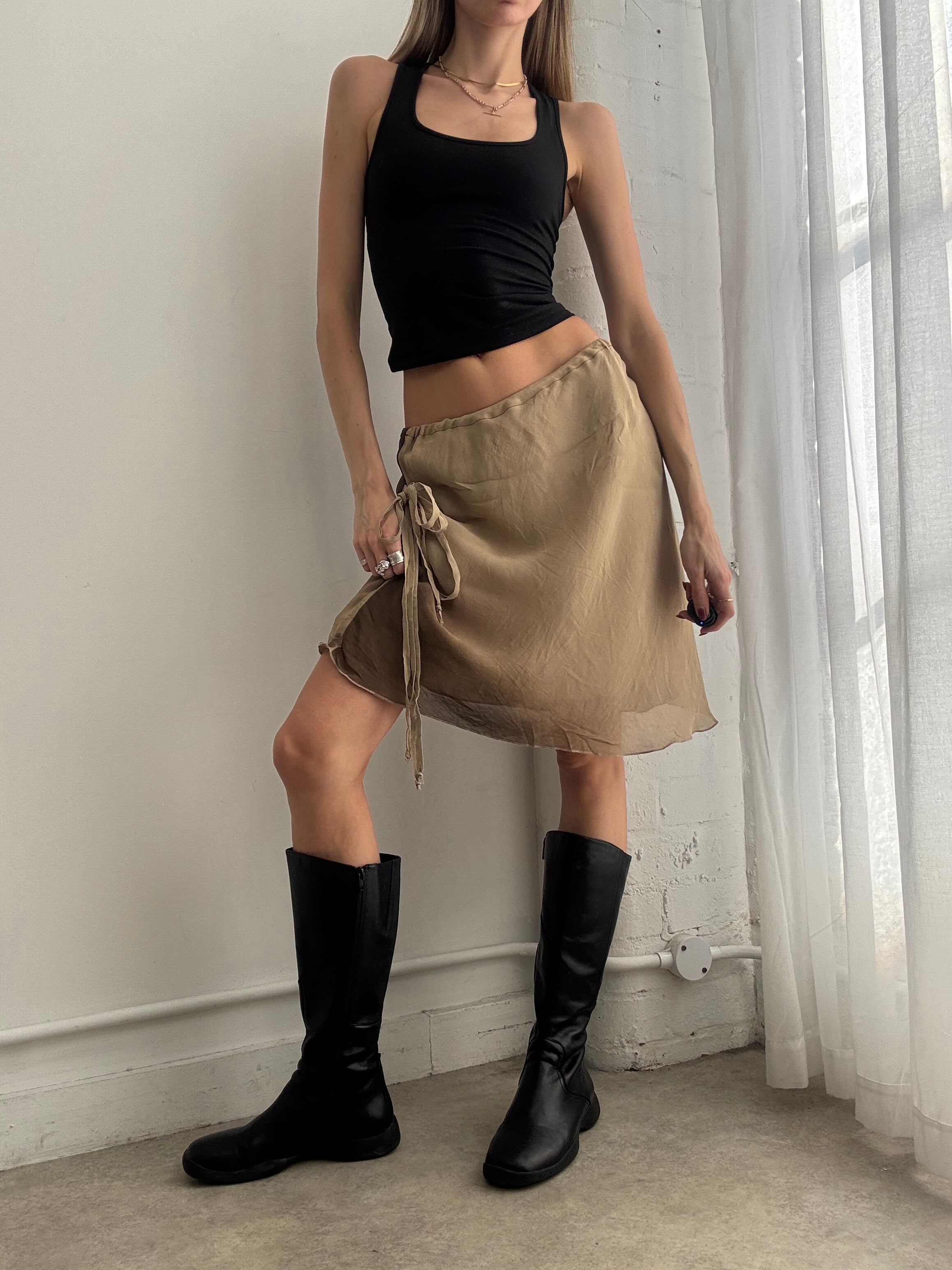 Vintage Y2K brown mesh tie side midi skirt