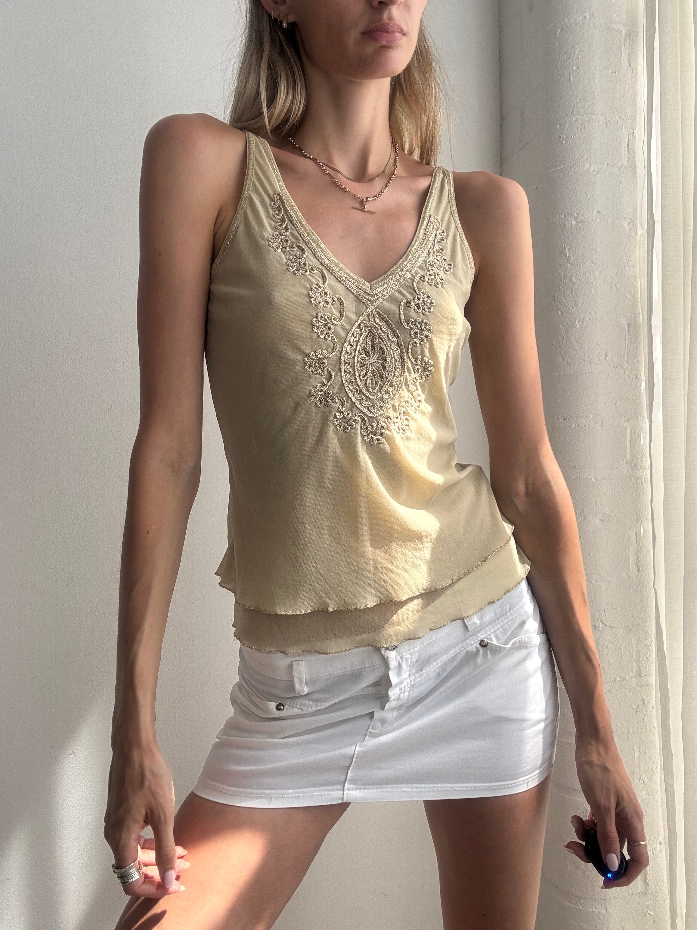 Vintage Y2K Embroidered Crochet Cami Top - Size M