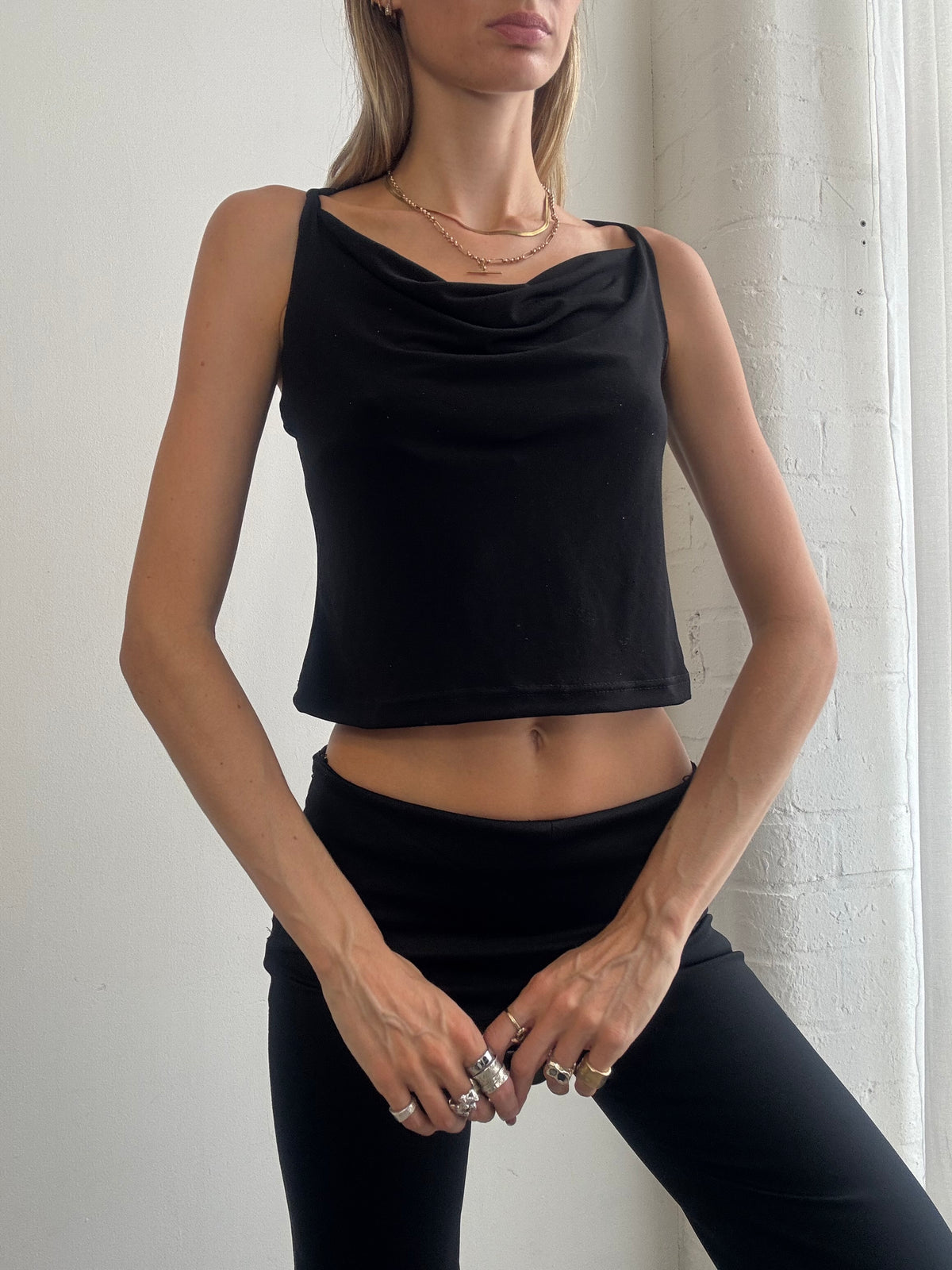 Vintage Y2K Black Cowl Neck Strappy Back Top - Size M