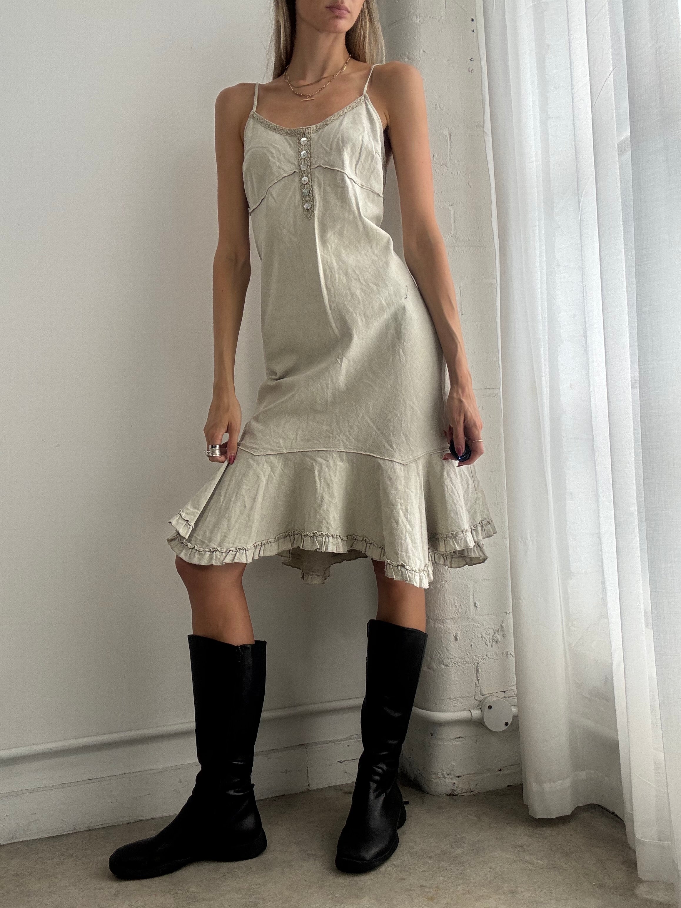 Vintage 90s Cream Ruffle Hem Linen Slip Dress - Size M