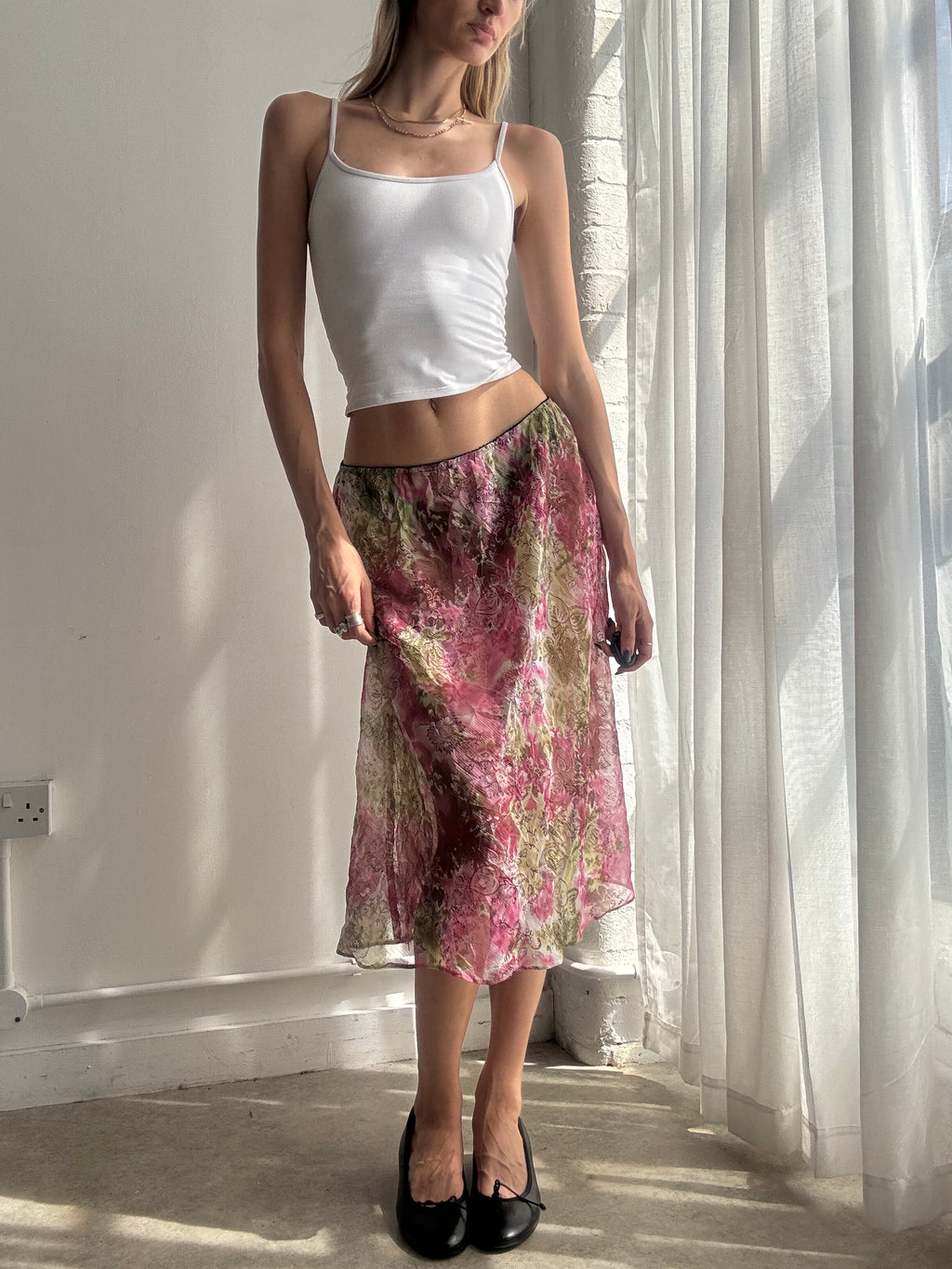Vintage pink floral sheer mesh midi skirt - Size M/L