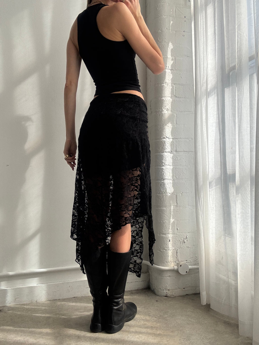 Vintage Y2K black lace asymmetric midi skirt