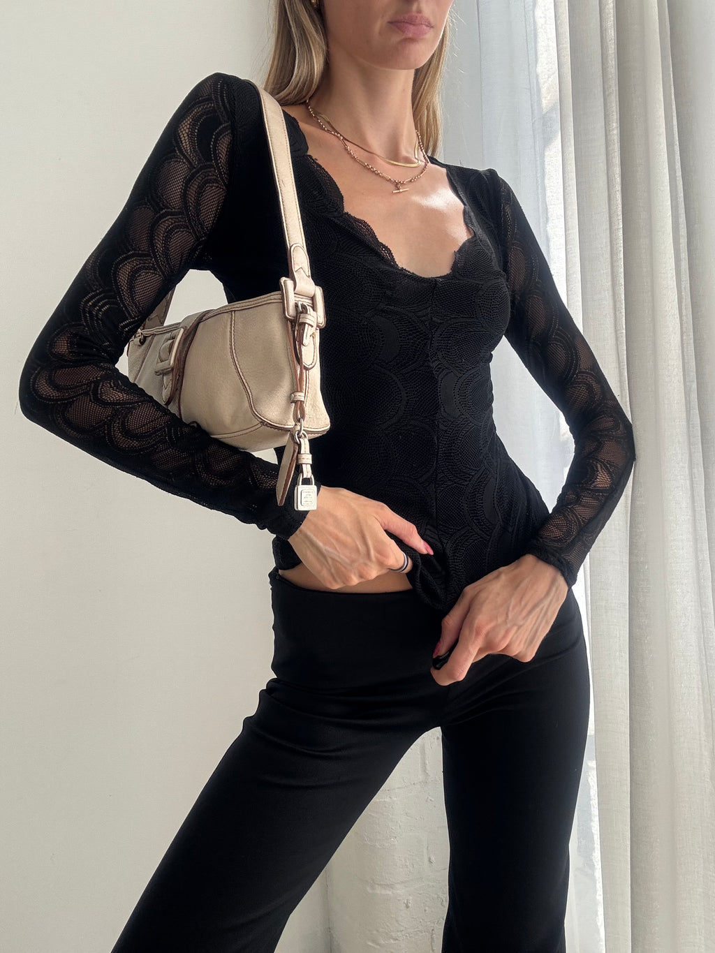 Vintage Y2K Black Sheer Lace Long Sleeve Top - Size XS