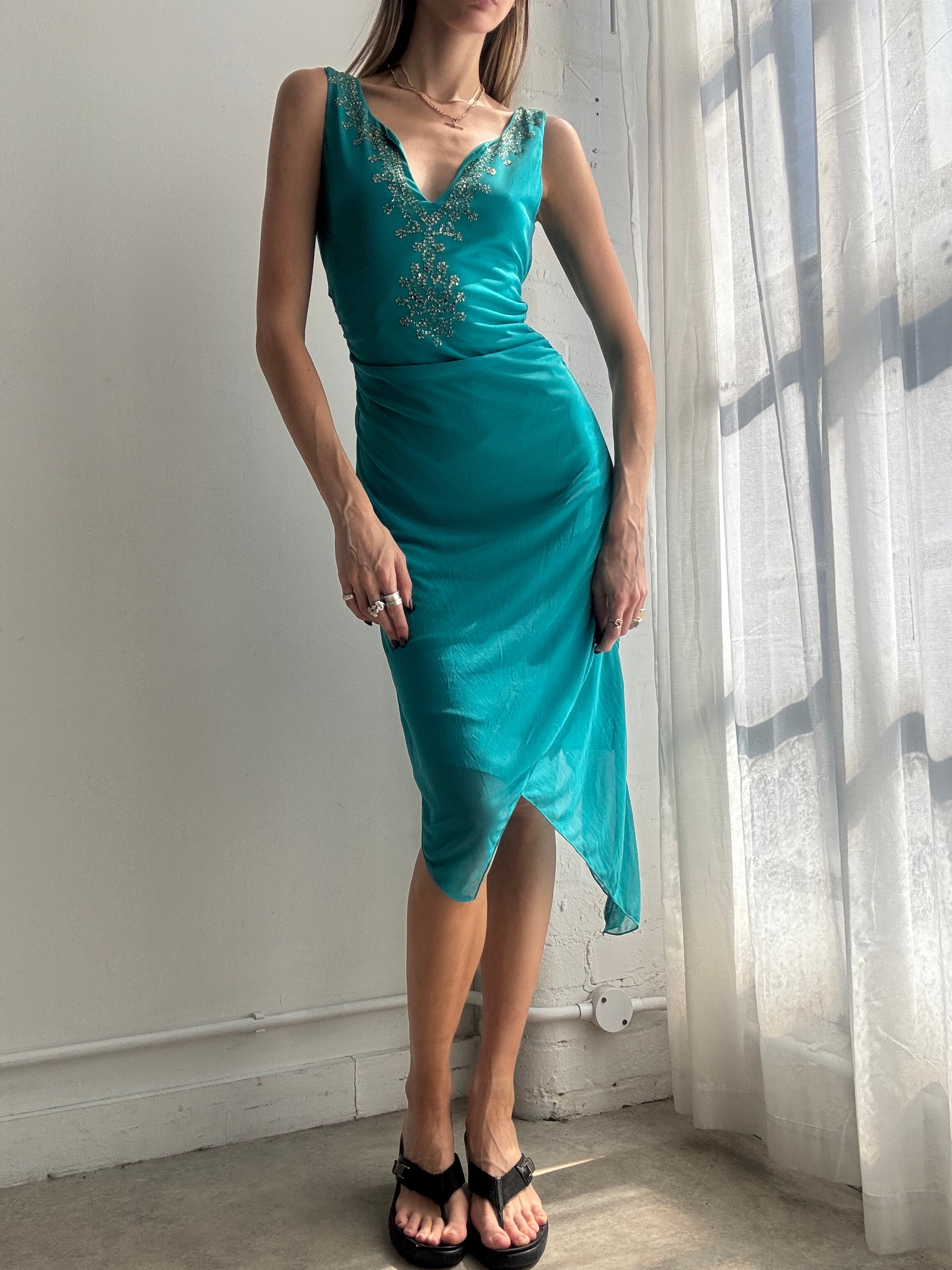 Vintage Y2K teal embellished midi dress - Size M