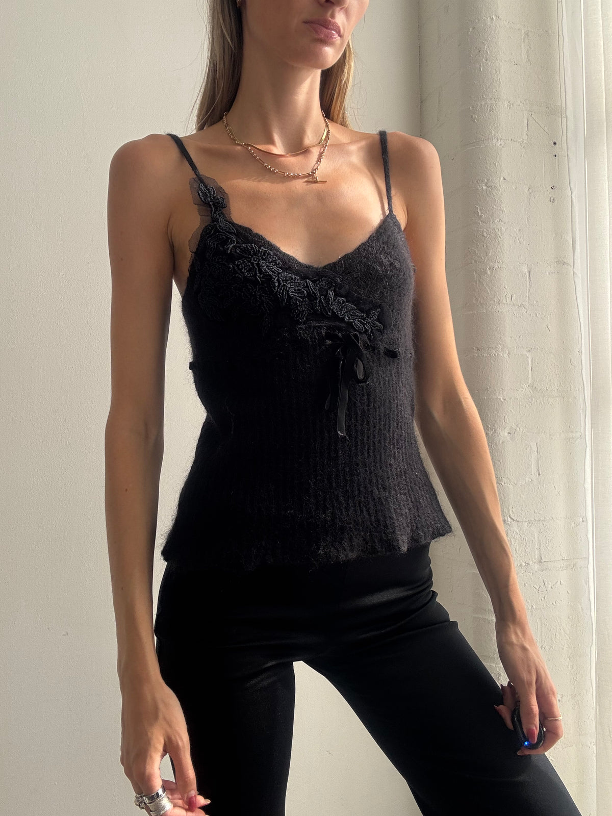 Vintage Y2K Black Knitted Wool Cami Top - Size S