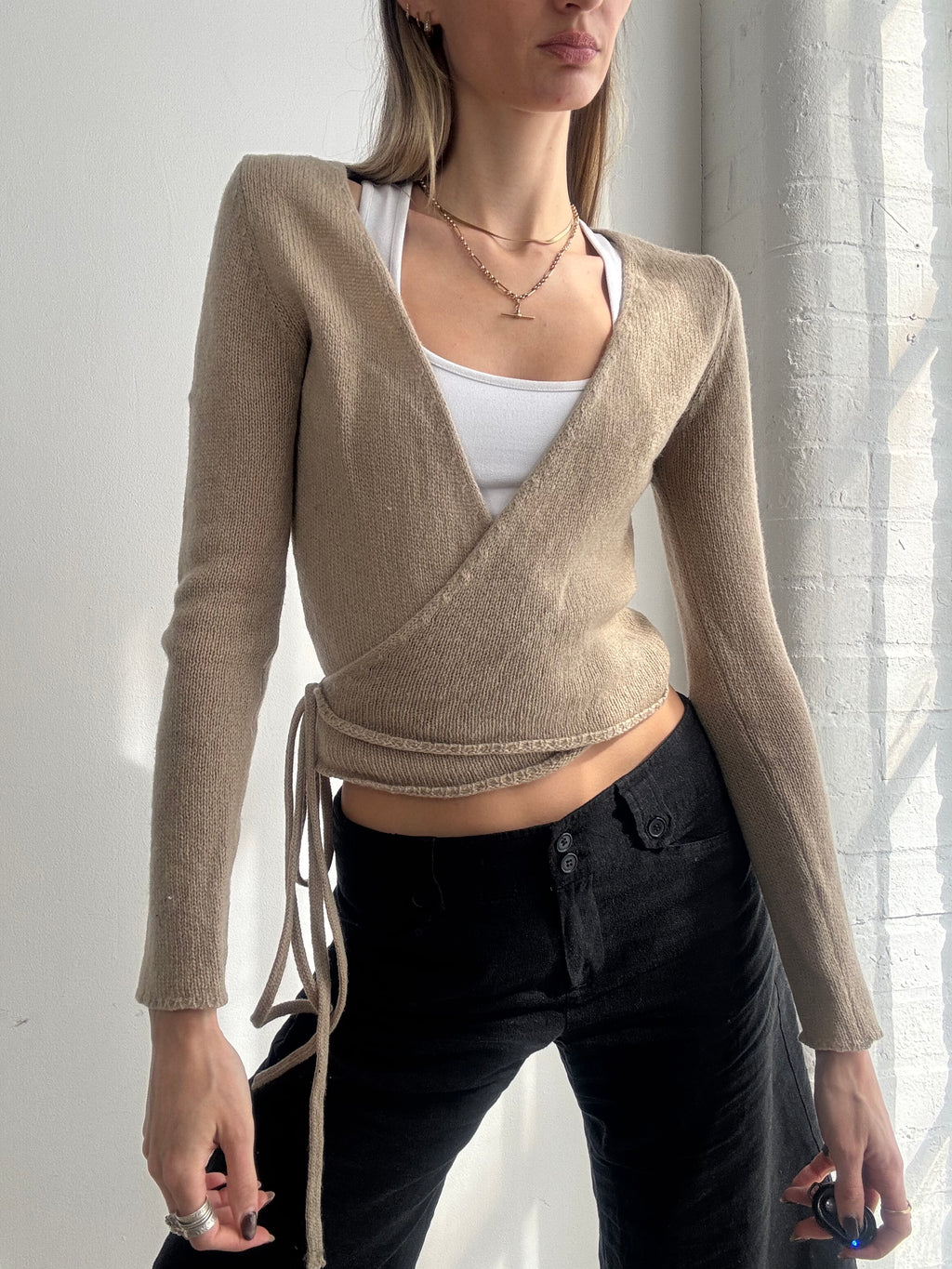 Vintage Y2K taupe wool wrap knit top jumper - Size S