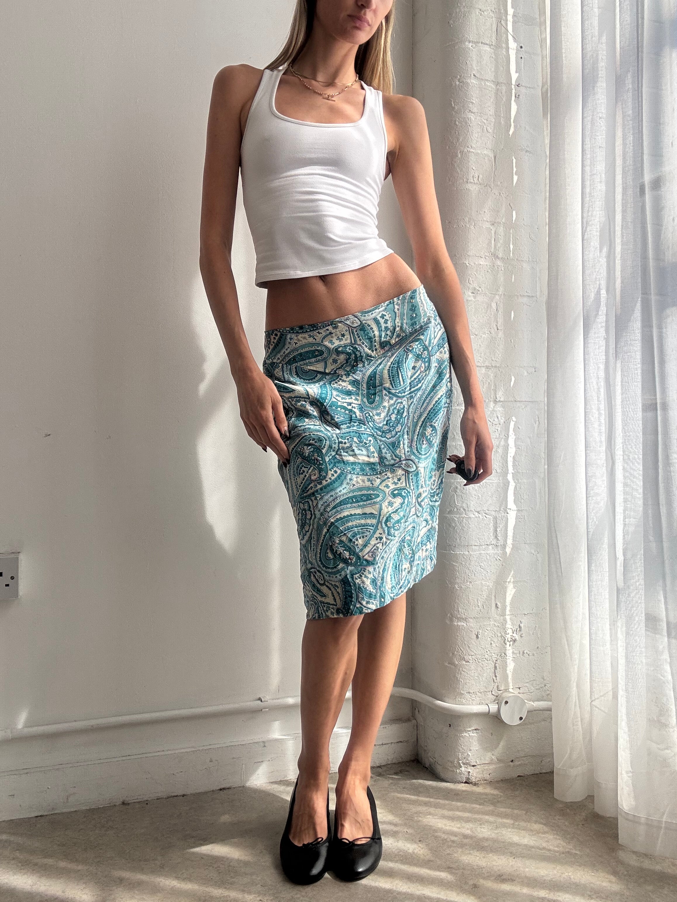 Vintage Y2K blue paisley print silk & sequin midi skirt - Size M