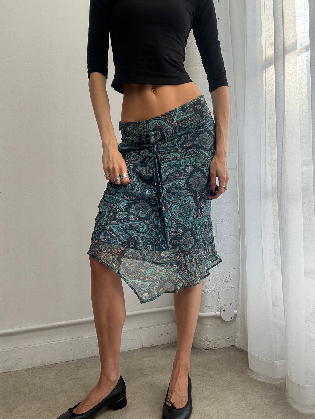 Vintage Y2K paisley print mesh asymmetric midi skirt blue