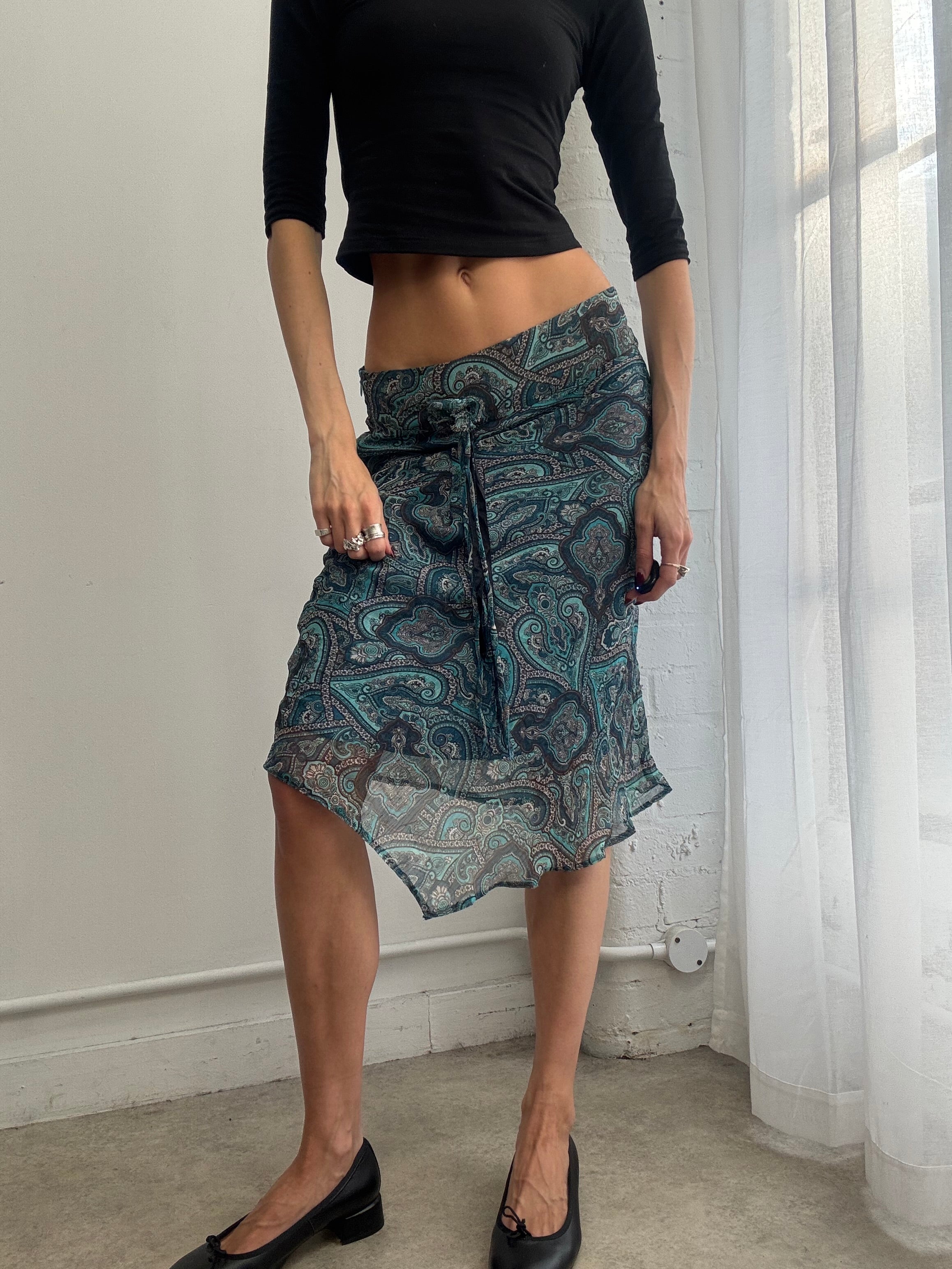 Vintage Y2K paisley print mesh asymmetric midi skirt blue