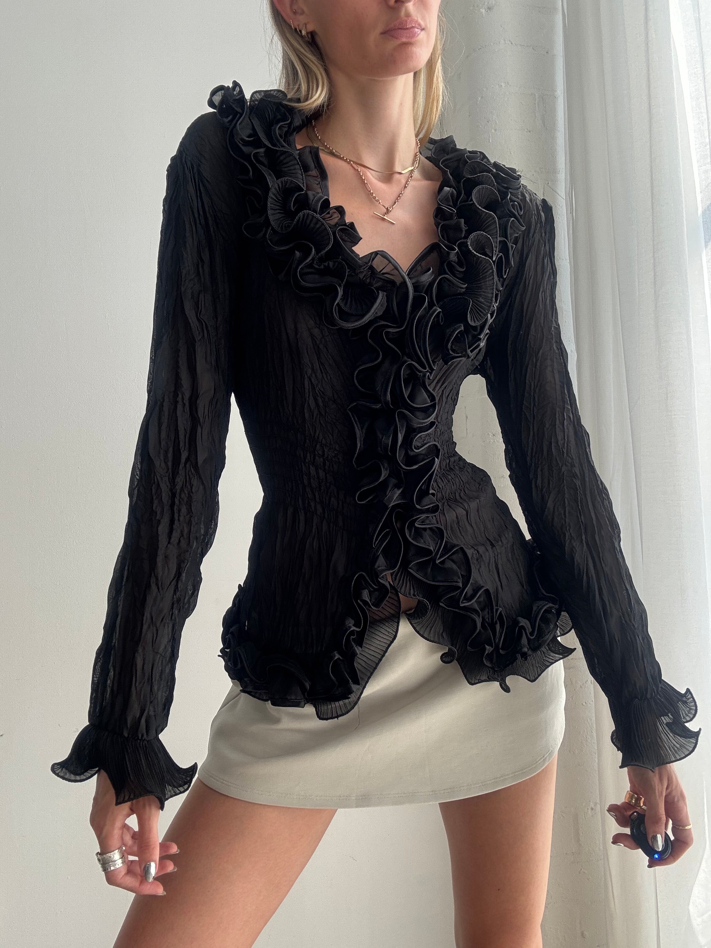 Vintage Y2K Black Ruffle Blouse – Sheer Crinkle Mesh Frill Long Sleeve Top - Size M
