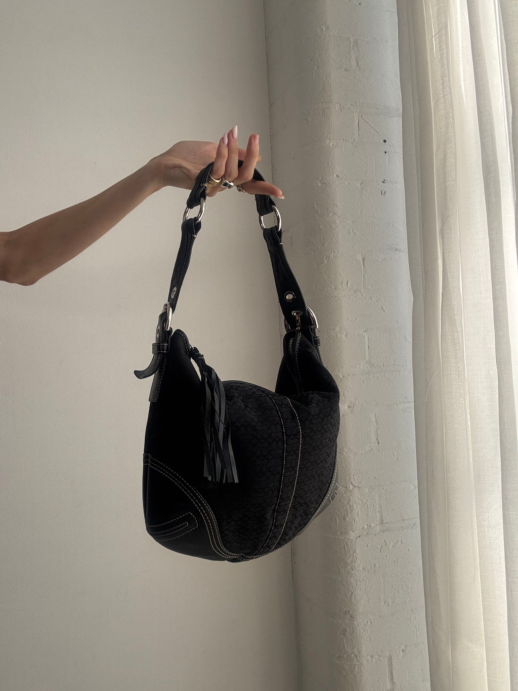 Vintage Y2K Coach Signature Hobo Bag – Black Monogram Canvas Tassel Shoulder Bag