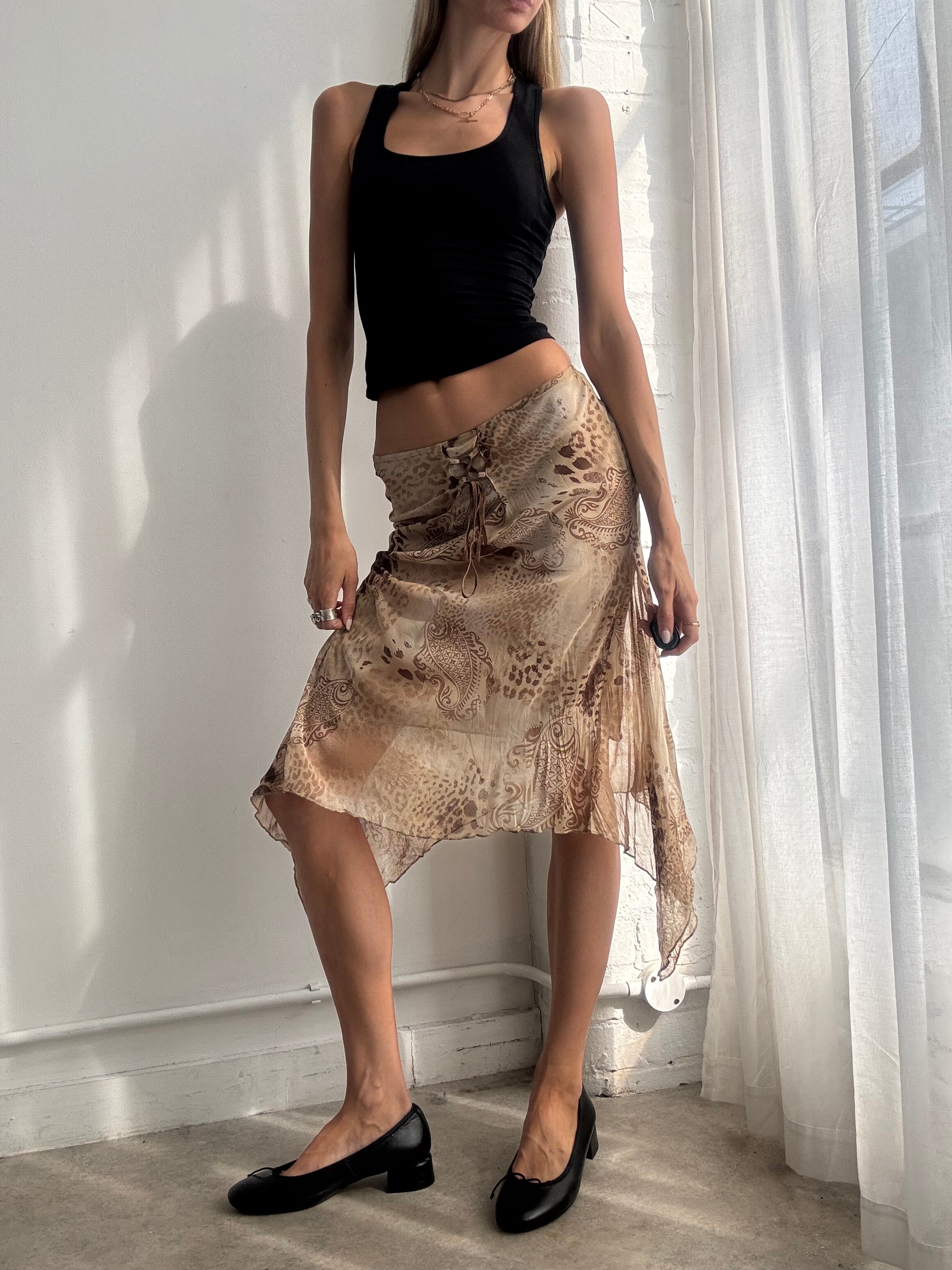 Vintage Y2K Brown Animal Print Asymmetric Mesh Midi Skirt - Size XS/S