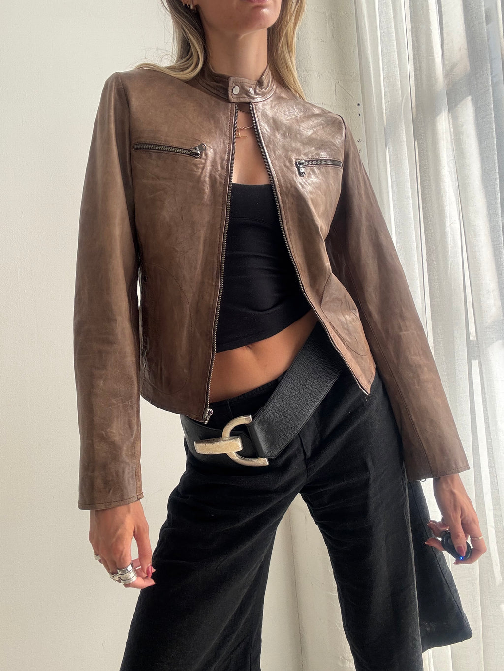 Vintage Y2K Brown Leather Biker Jacket - Size XS/S
