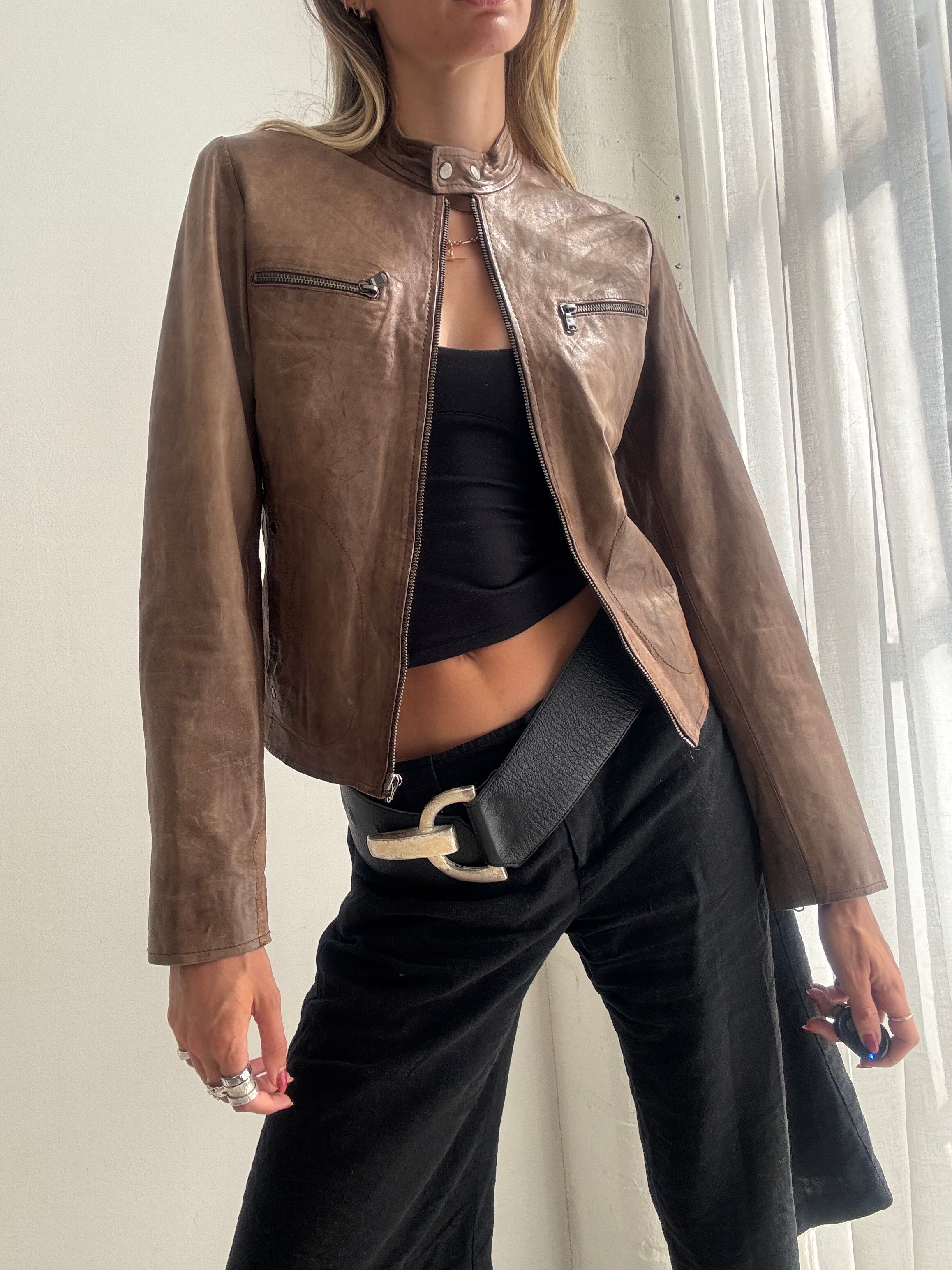 Vintage Y2K Brown Leather Biker Jacket - Size XS/S