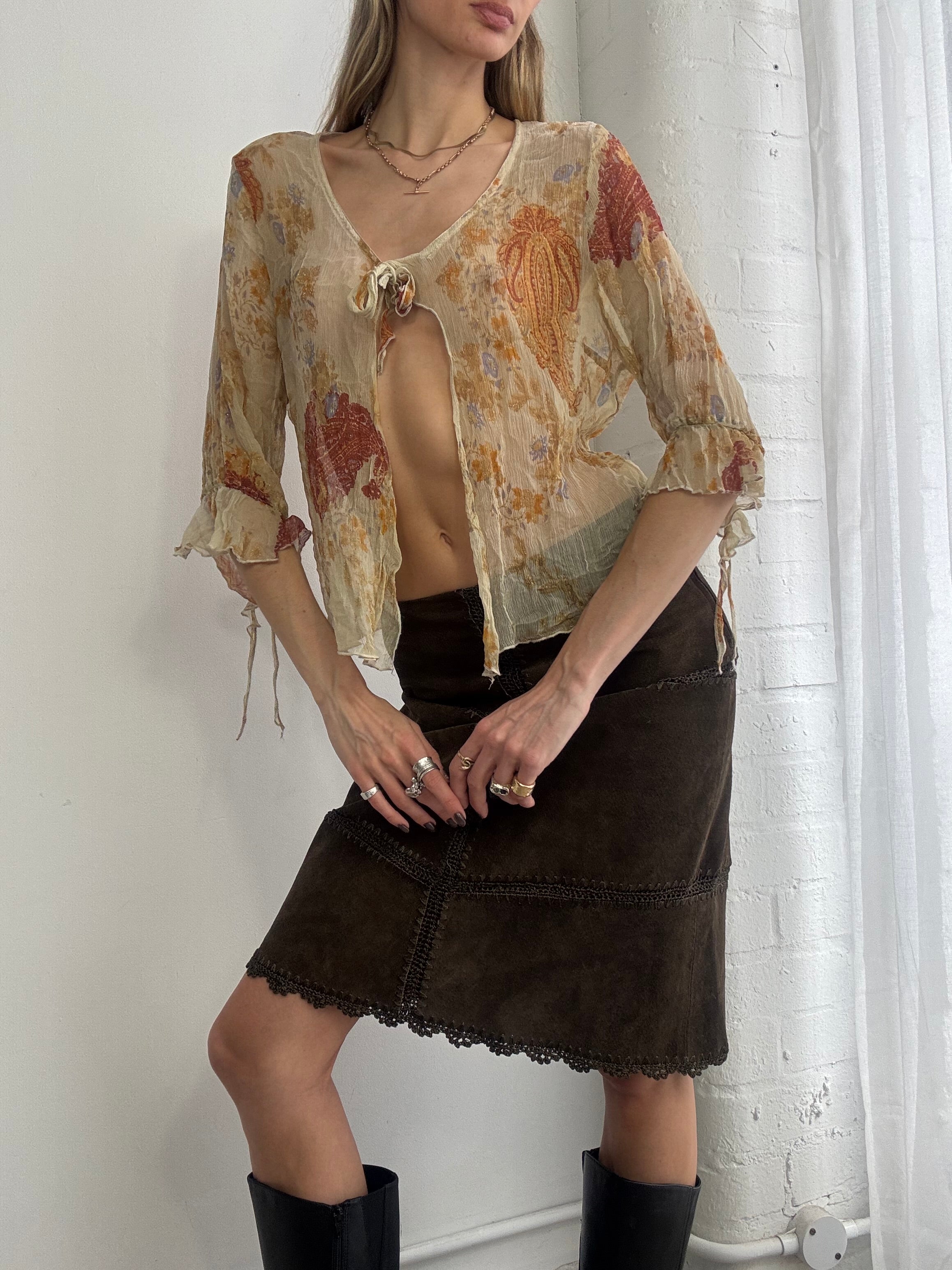 Vintage Y2K sheer floral tie-front silk blouse - Size L