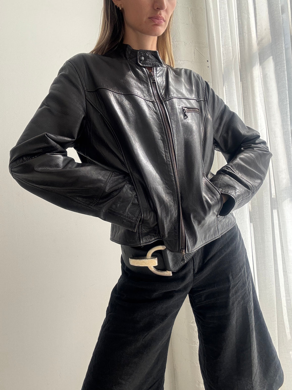Vintage 90s Brown Leather Biker Jacket - Size M