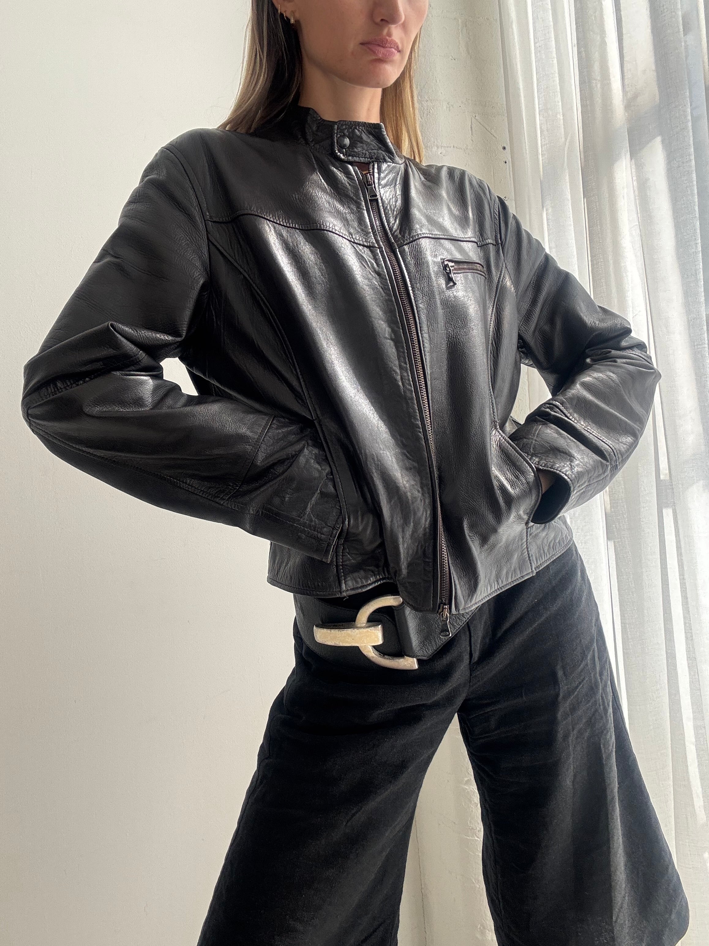 Vintage 90s Brown Leather Biker Jacket - Size M