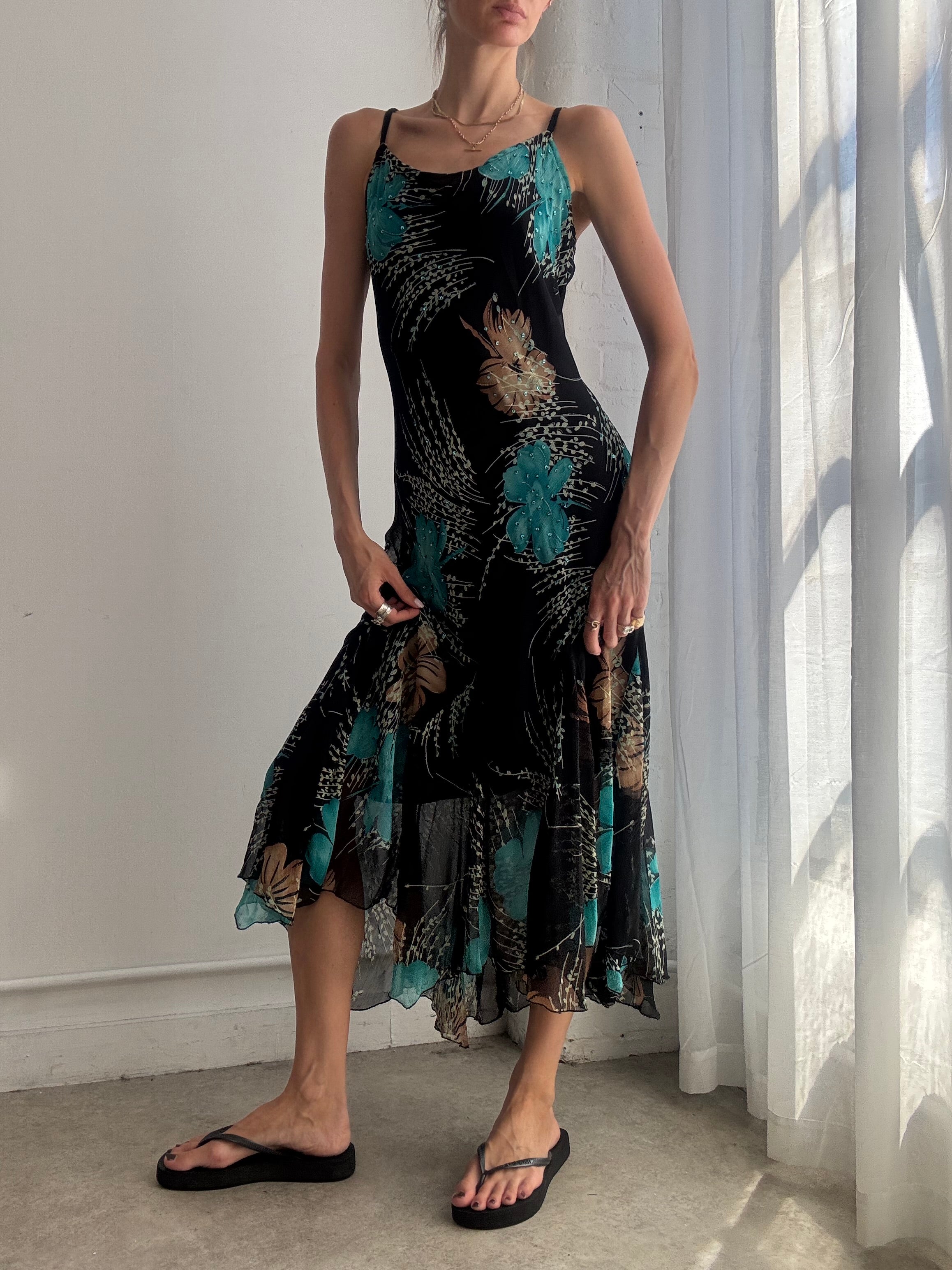 Vintage Tropical Floral Mesh Asymmetric Midi Dress Y2K - Size M/L