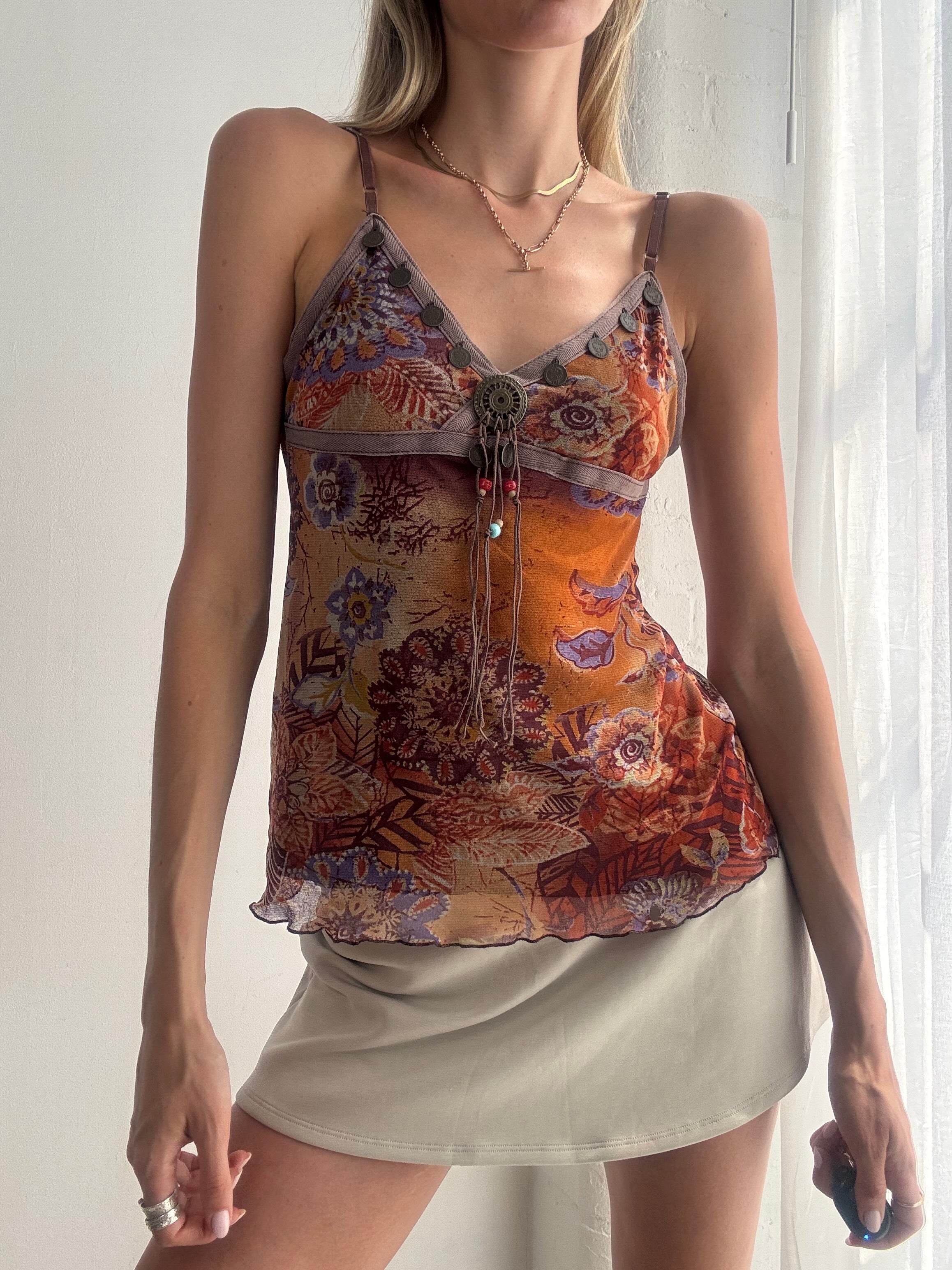 Vintage Y2K Paisley Mesh Cami Top Fairy Grunge Boho - Size S