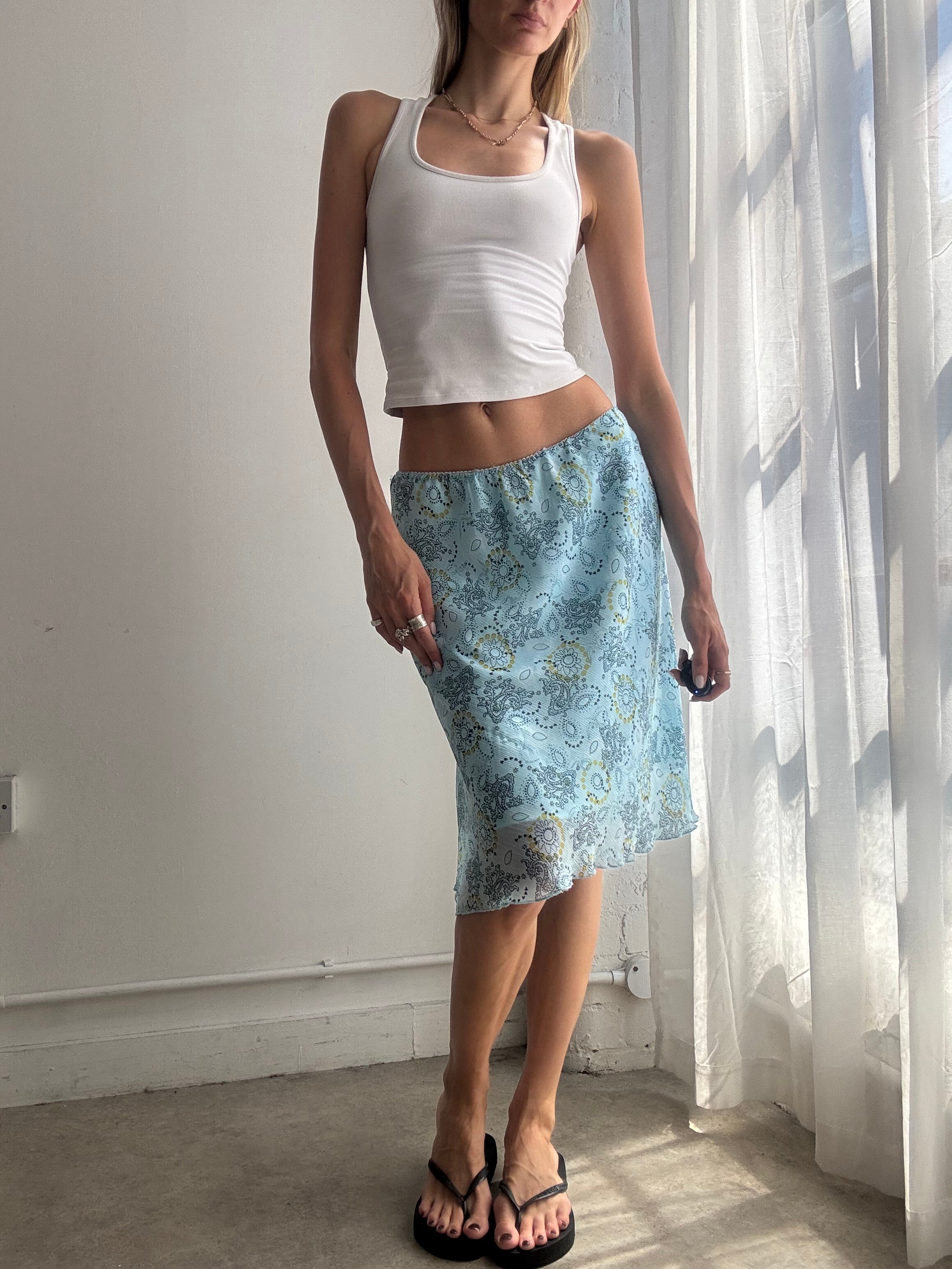 Vintage Blue Floral Mesh Midi Skirt Y2K - Size M
