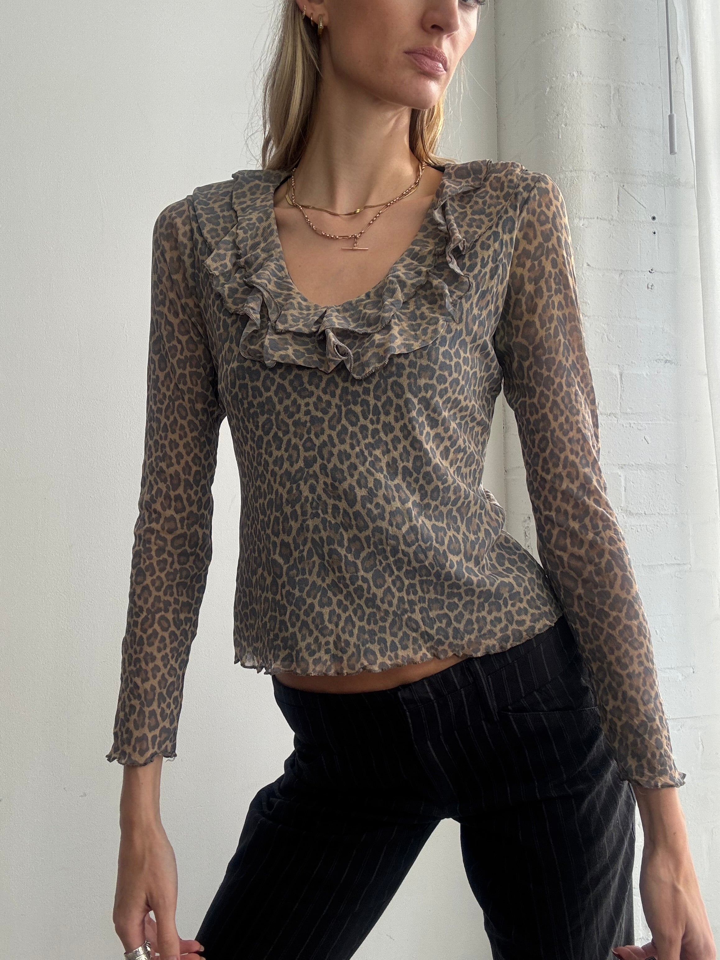 Vintage Y2K leopard print mesh ruffle top