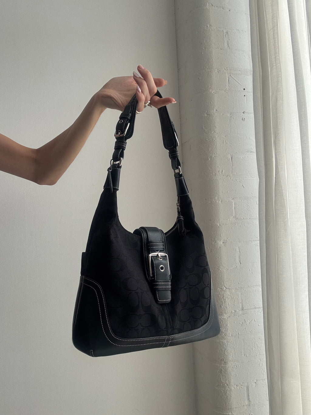 Vintage Y2K Coach Signature Shoulder Bag – Black Monogram Canvas Buckle Hobo Bag