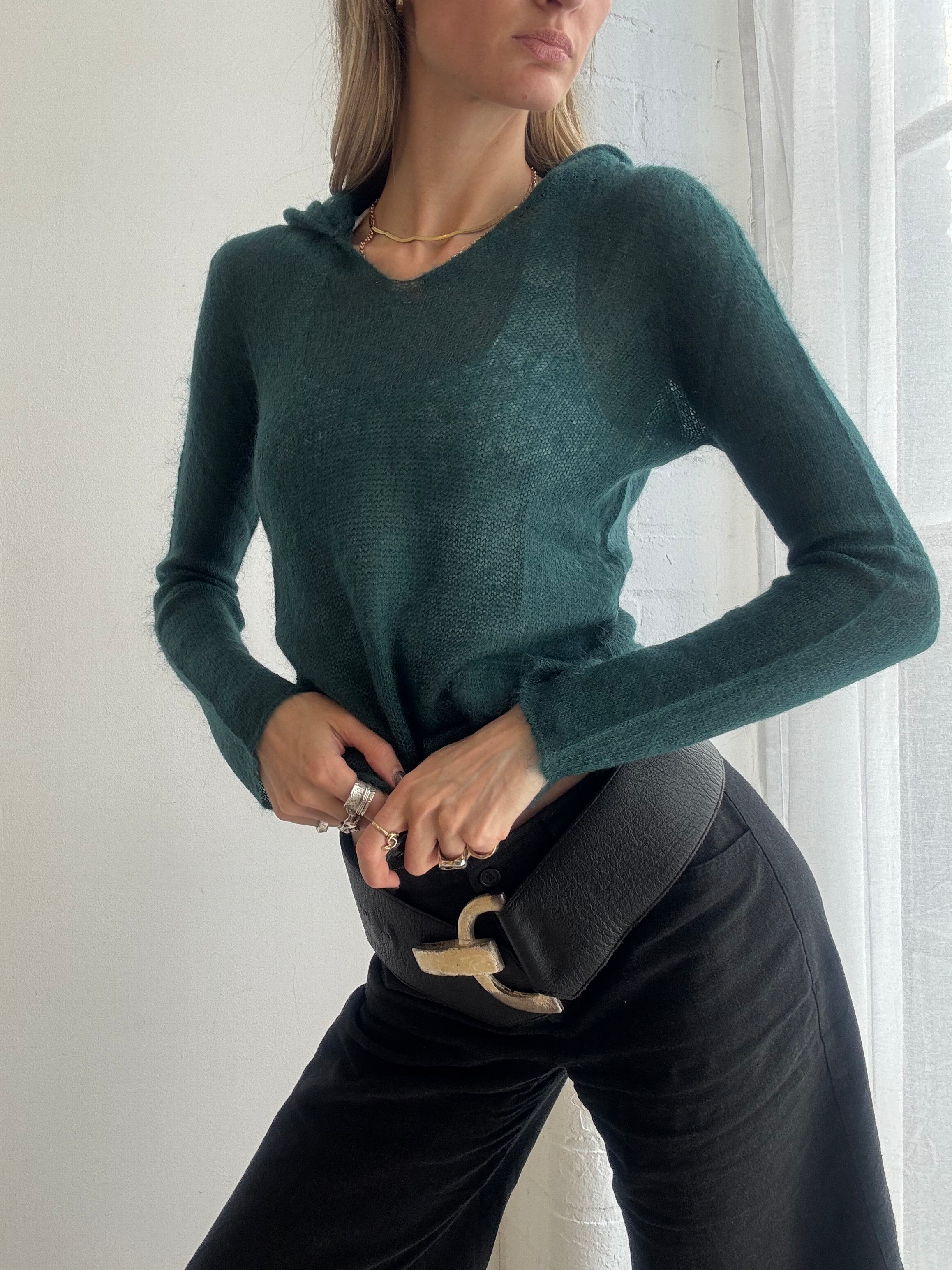 Vintage y2k dark green lightweight semi sheer wool knit hooded top - Size M