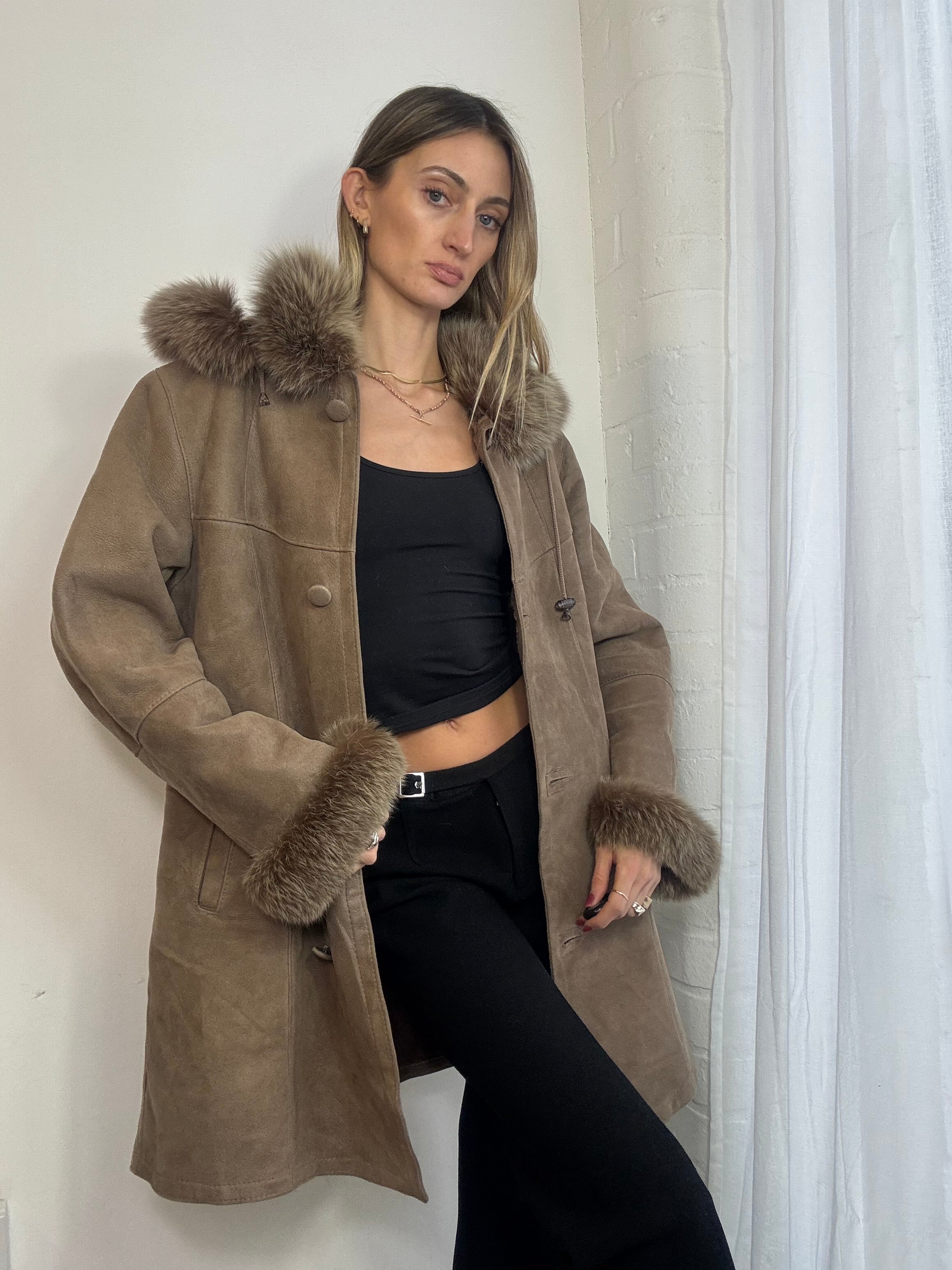 Vintage long suede button up coat fur trim