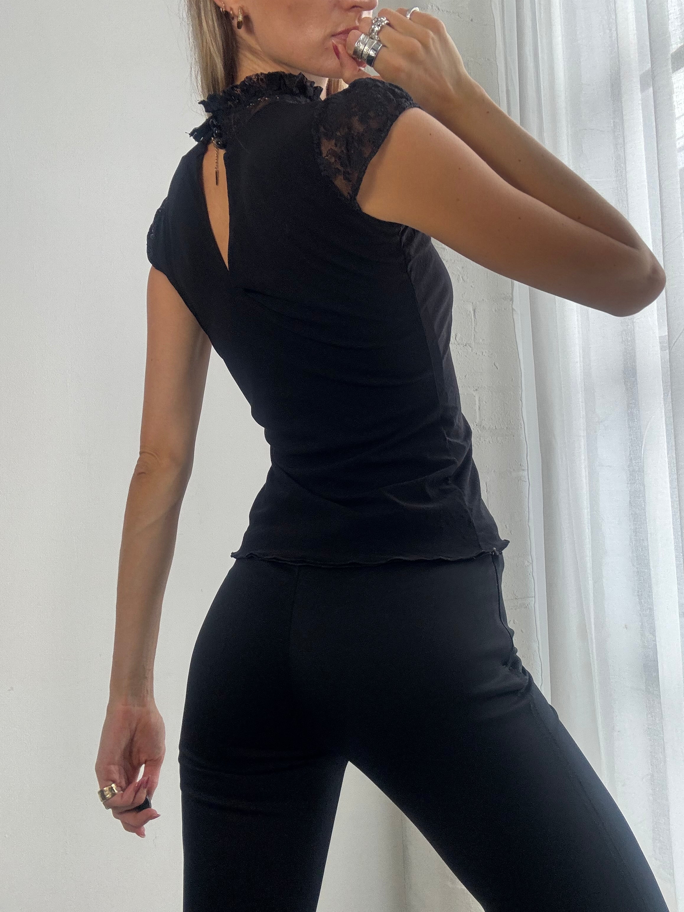 Vintage Y2K Black Lace High Neck Top - Size XS/S